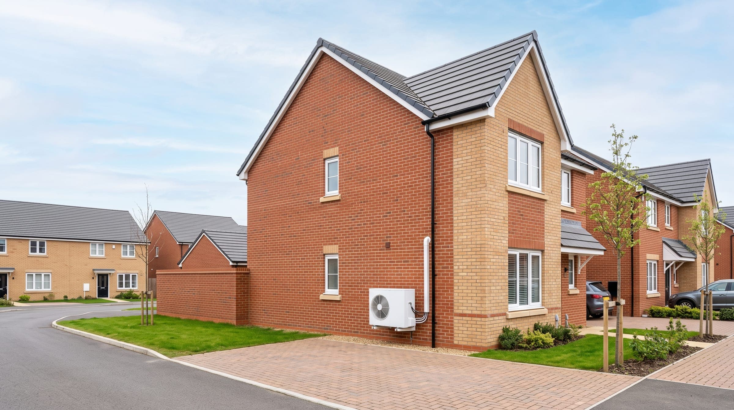 New-build family homes on a Bedfordshire estate with a white outdoor unit at the side of one house