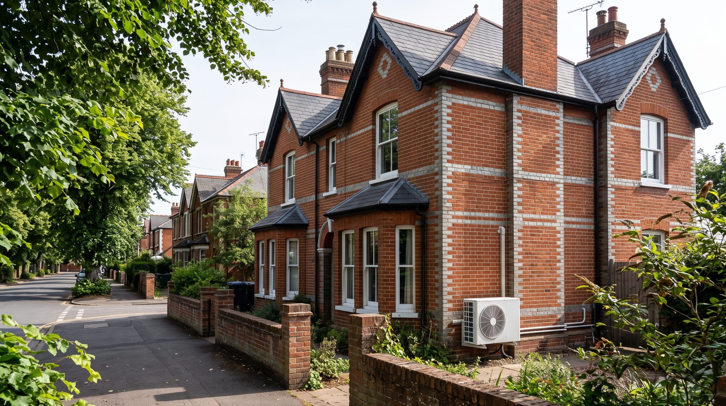 Victorian red-brick villa on a tree-lined street with a compact white outdoor unit at the side