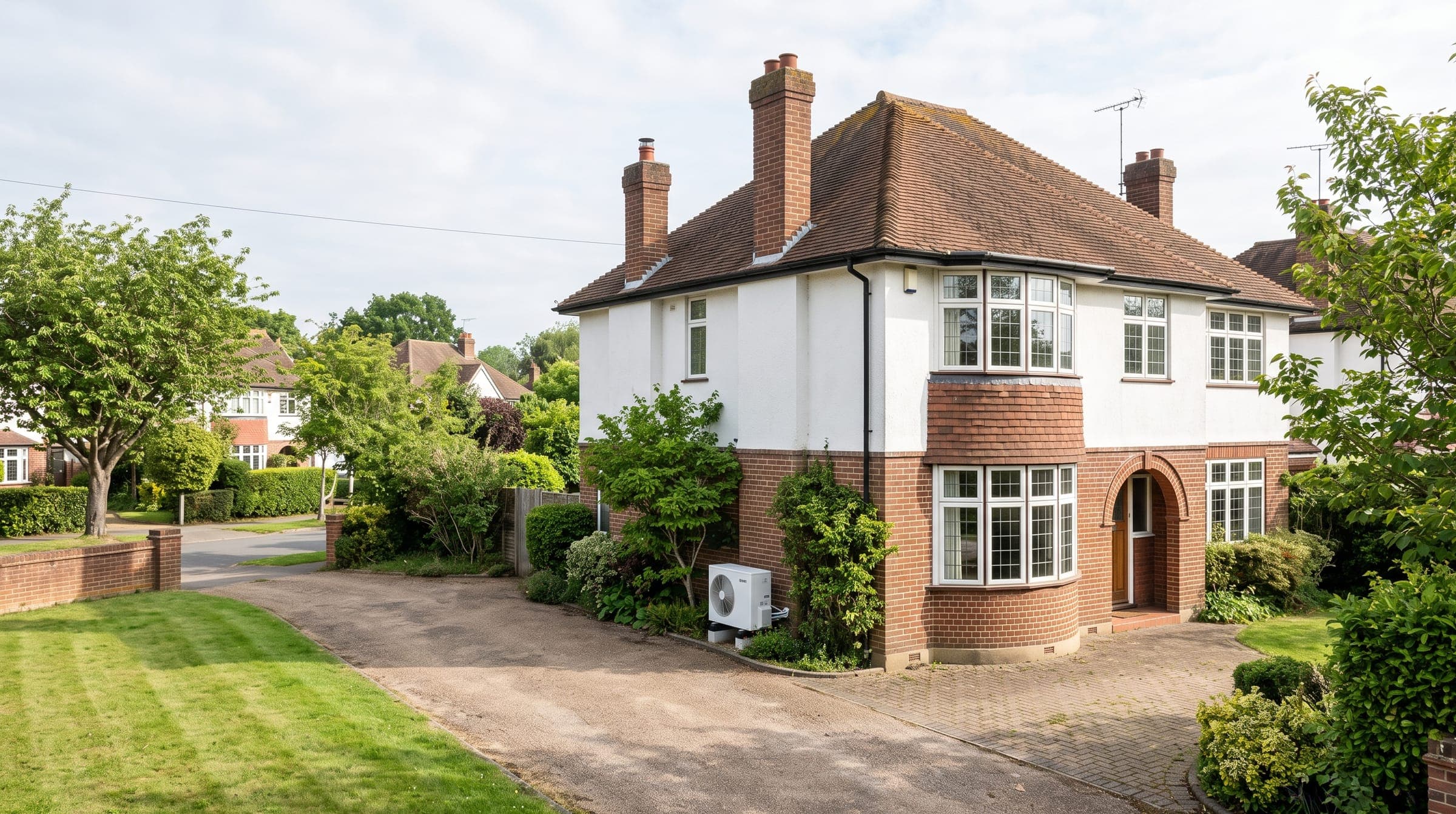 Interwar detached house in Brentwood with a white air conditioning unit neatly fitted at the side