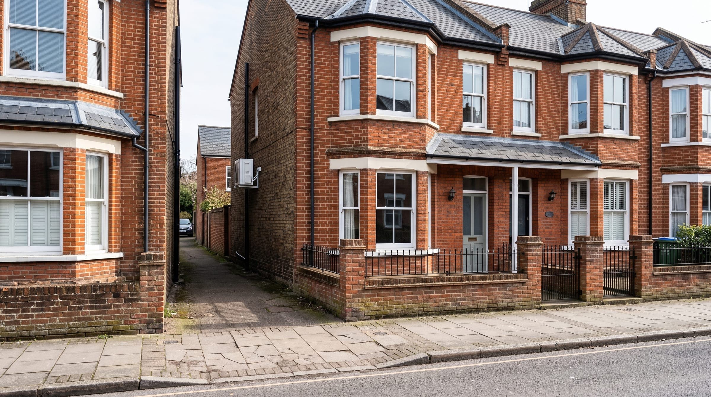 Red-brick period semi-detached houses with bay windows and railings, and a white outdoor unit on the side wall beside a passage