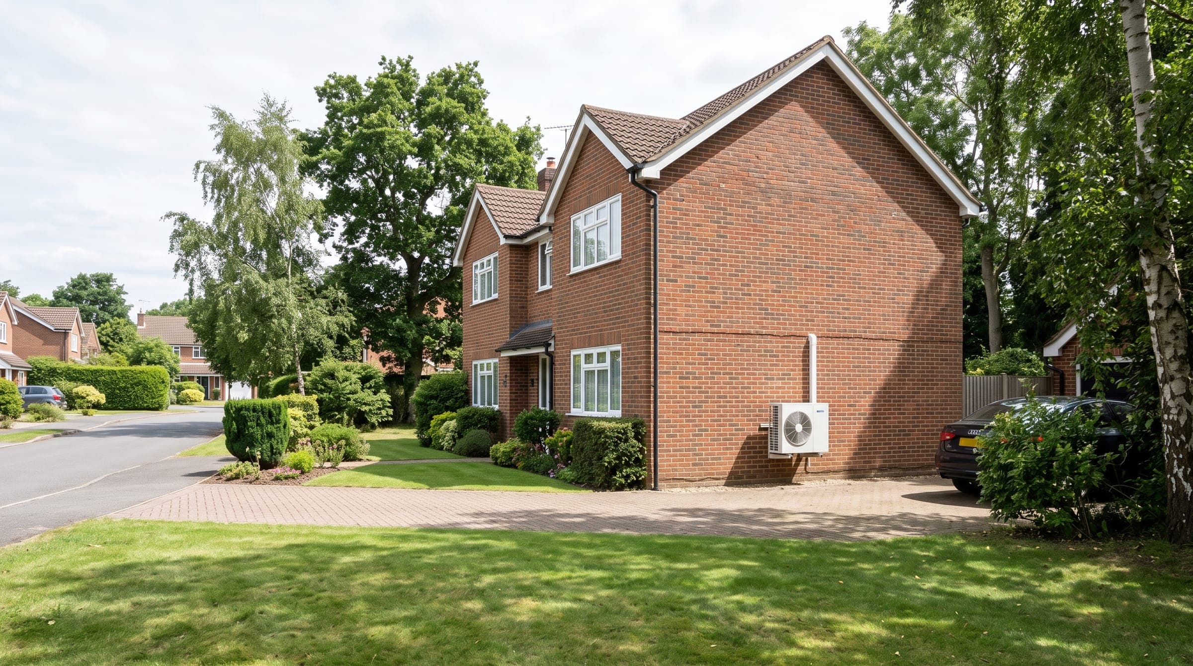Brick detached house on a leafy Hertfordshire close with a white outdoor unit at the side
