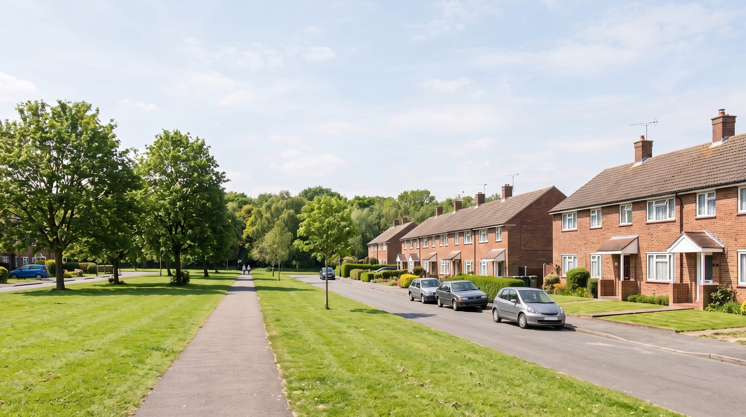 Post-war brick homes around a wide green with trees on the edge of a Hertfordshire town