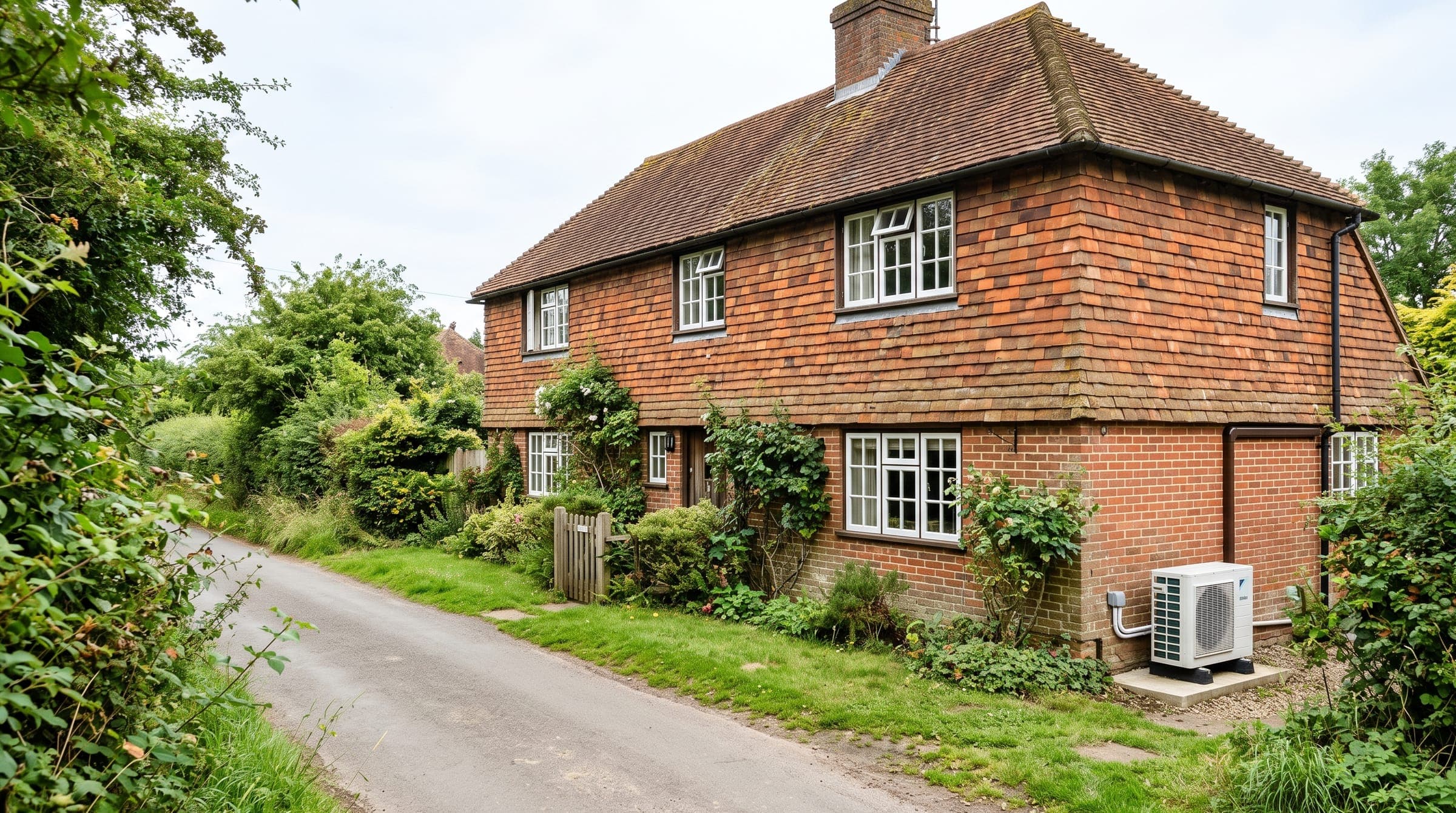 Tile-hung Kent cottage with a small white air conditioning unit on the rear wall