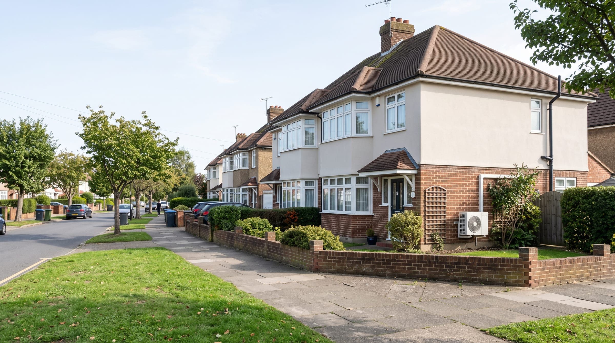 Interwar semi-detached houses on a tree-lined suburban avenue in Barnet