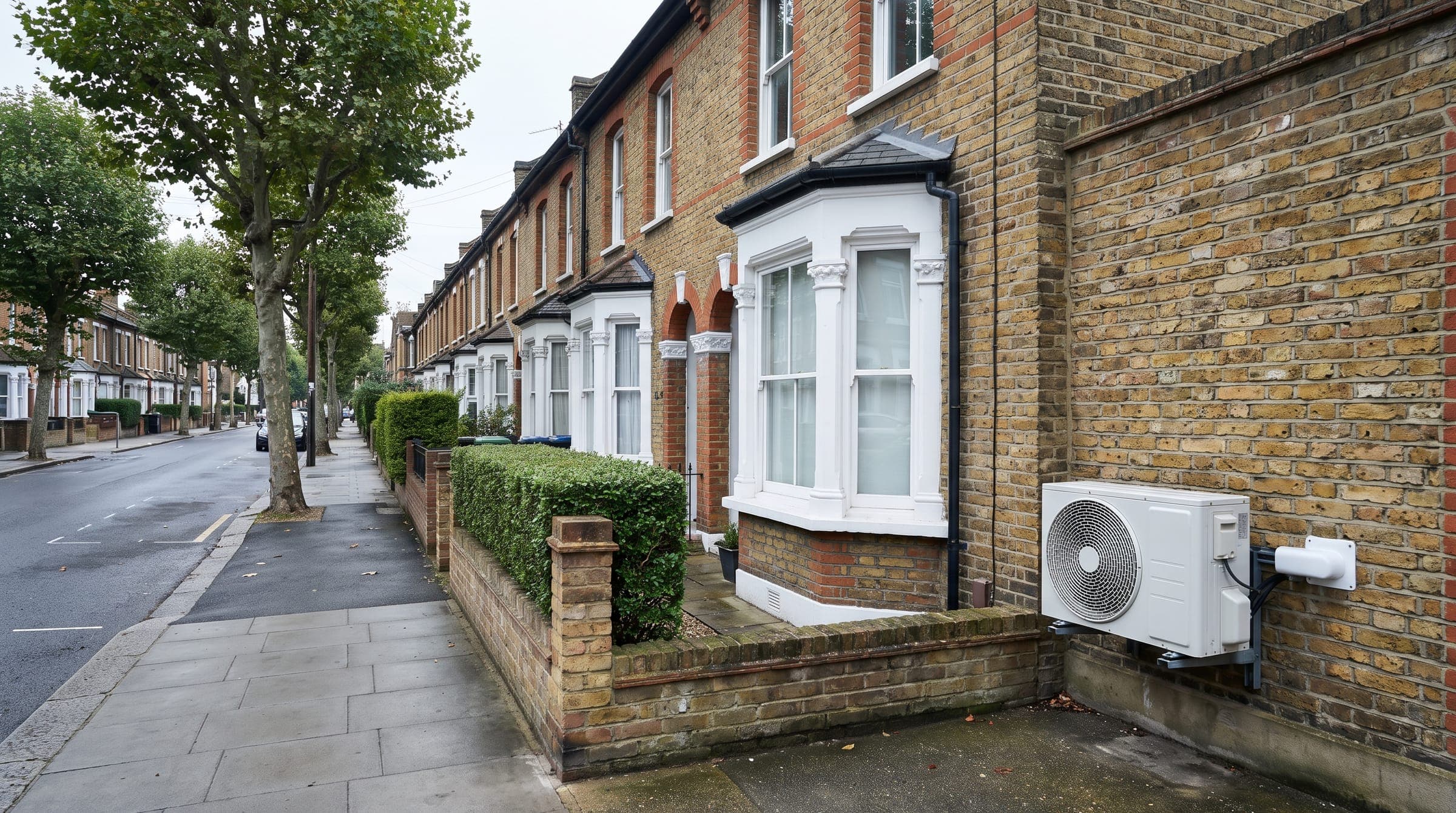 Yellow stock brick terraced houses with white bay windows, low front walls and plane trees, a white outdoor unit on a side wall at ground level