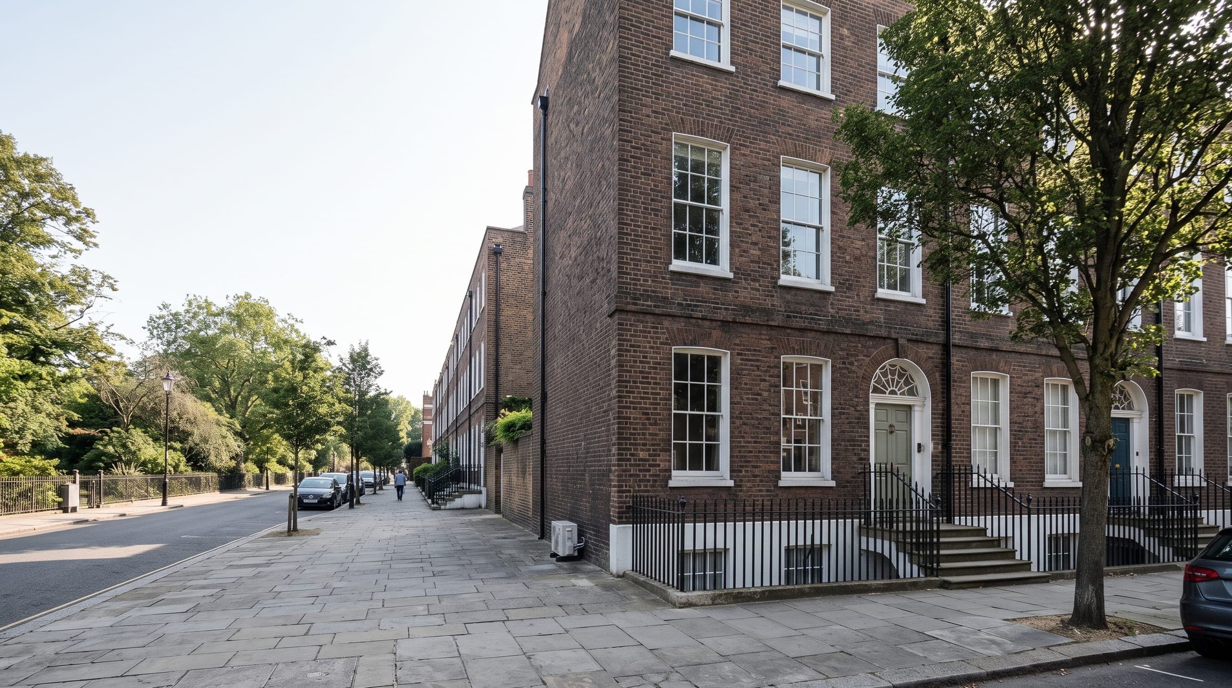 Georgian brick terraced houses on a quiet tree-lined street near a park in Greenwich