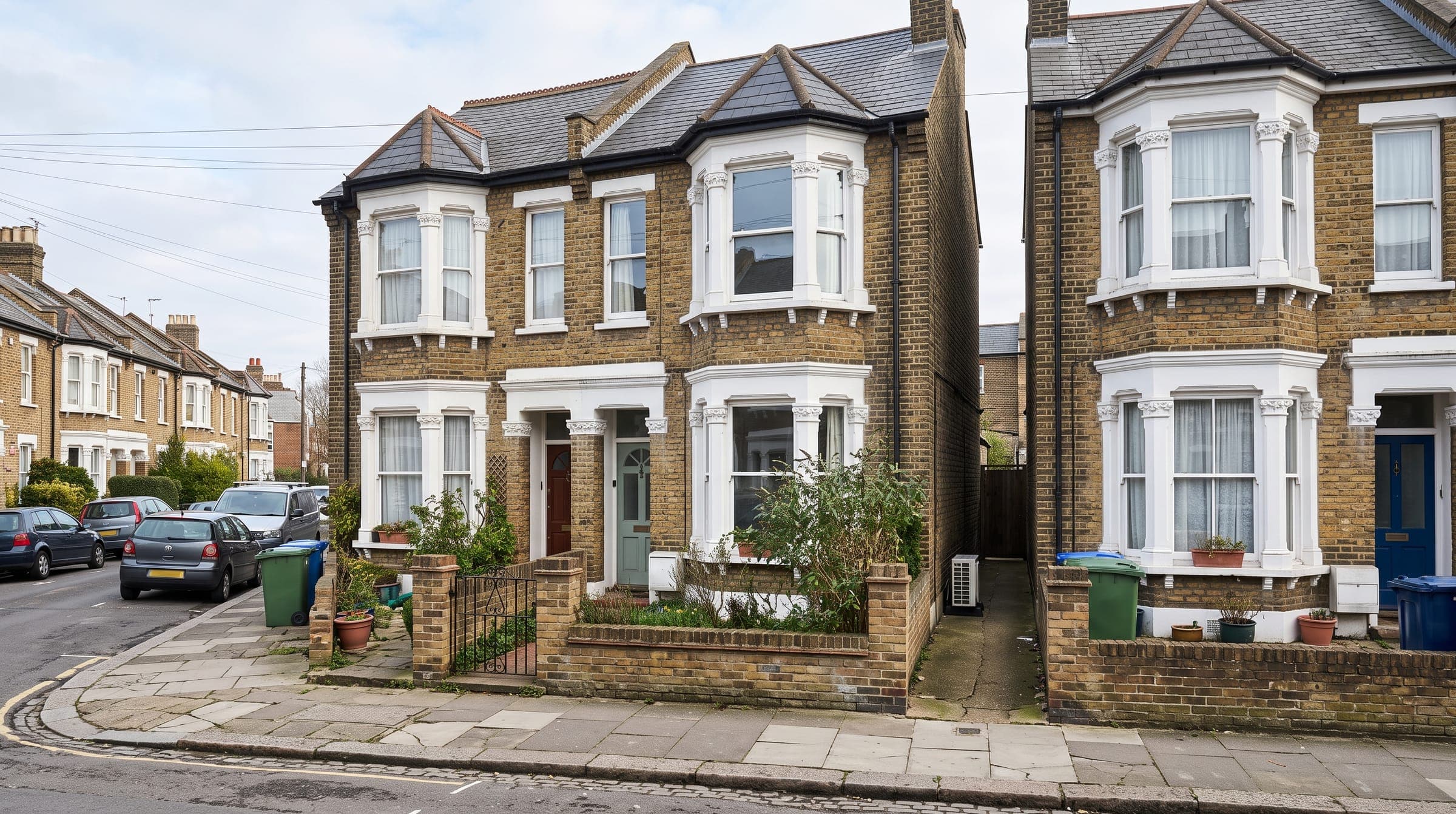 A typical London street of Victorian terraced houses with bay windows on a bright day