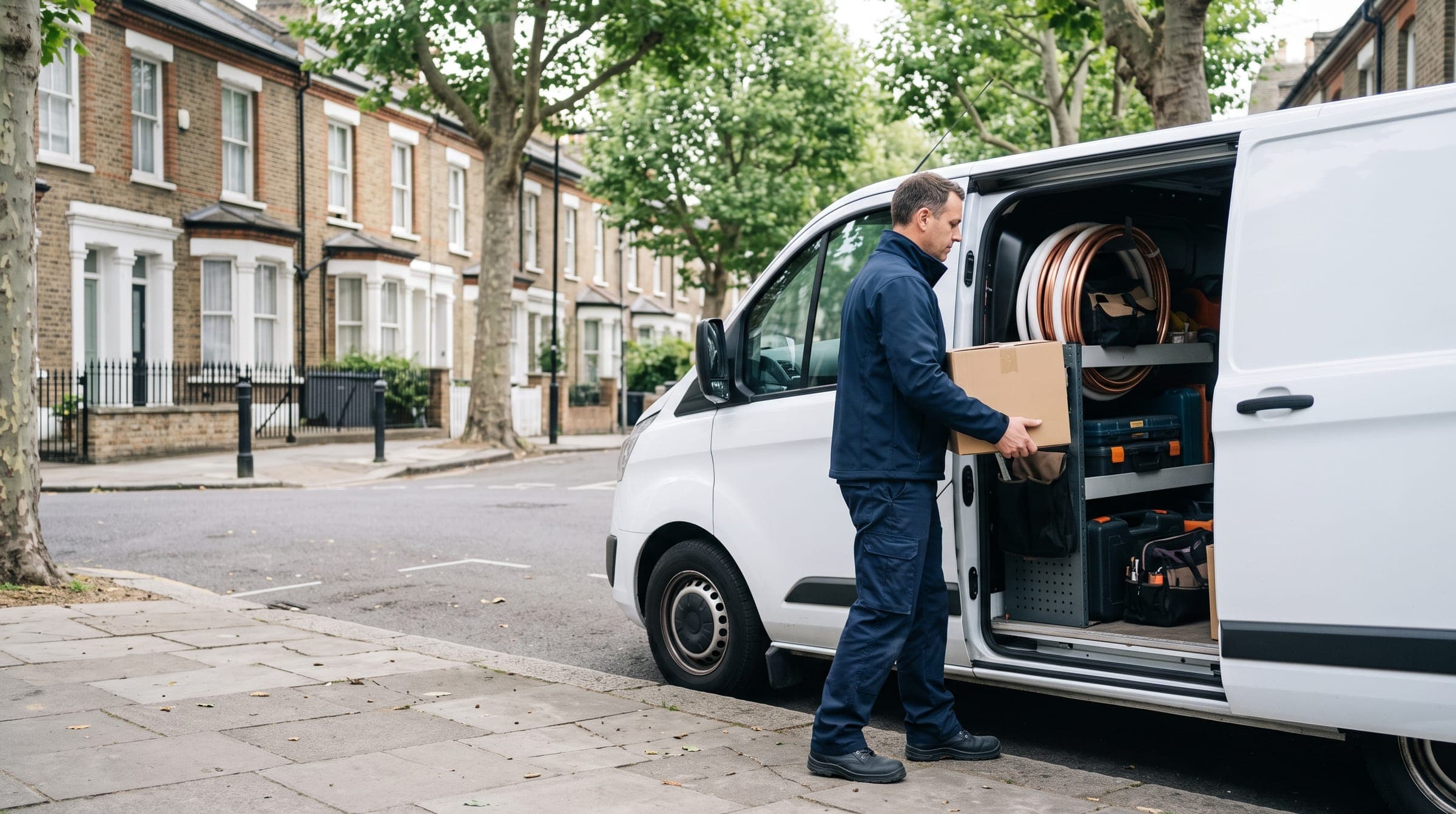 Air conditioning engineer loading tools and boxed equipment into a tidy unmarked van on a London street