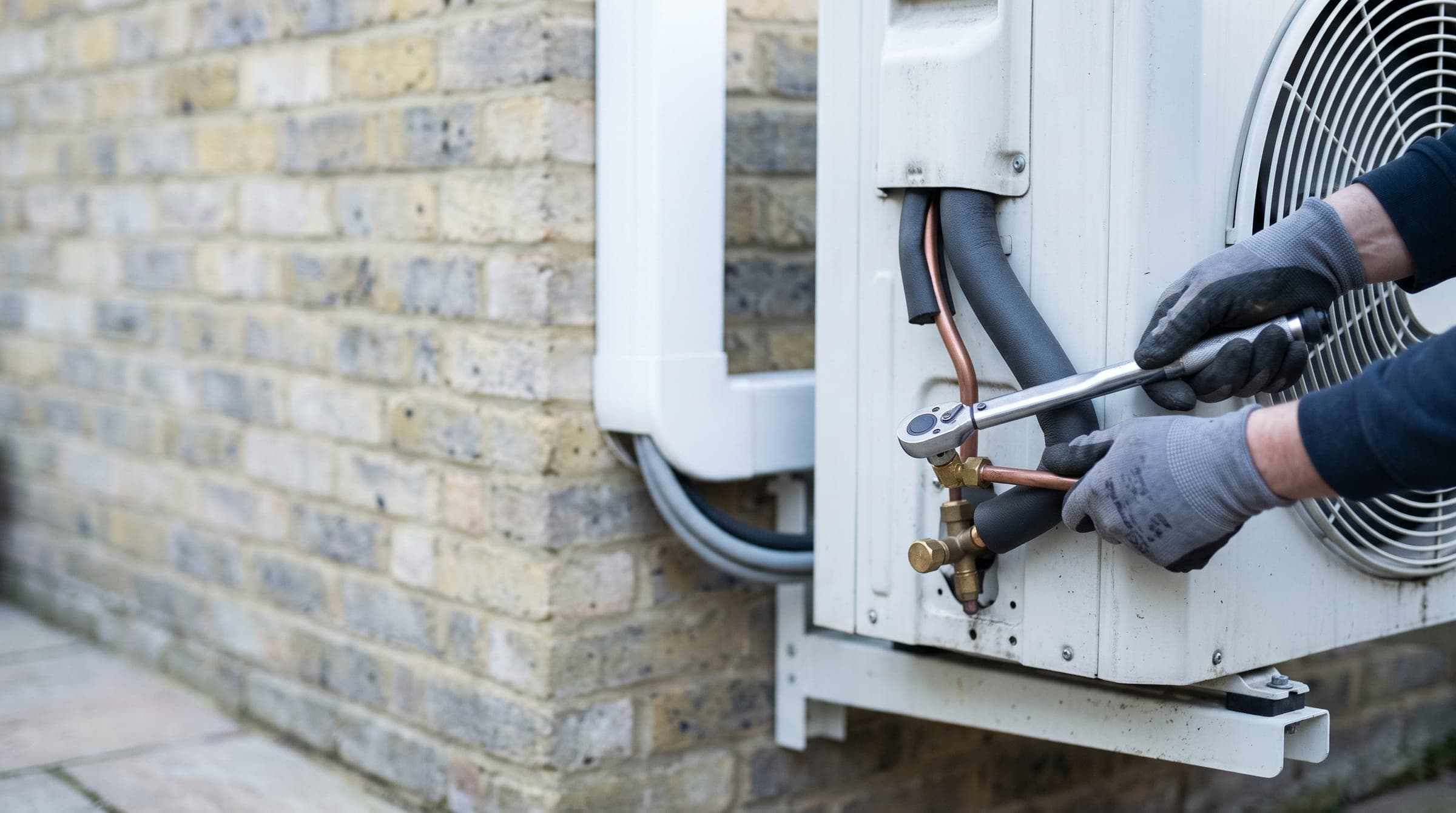 Engineer's hands tightening a copper refrigerant pipe joint with a torque wrench beside an outdoor unit