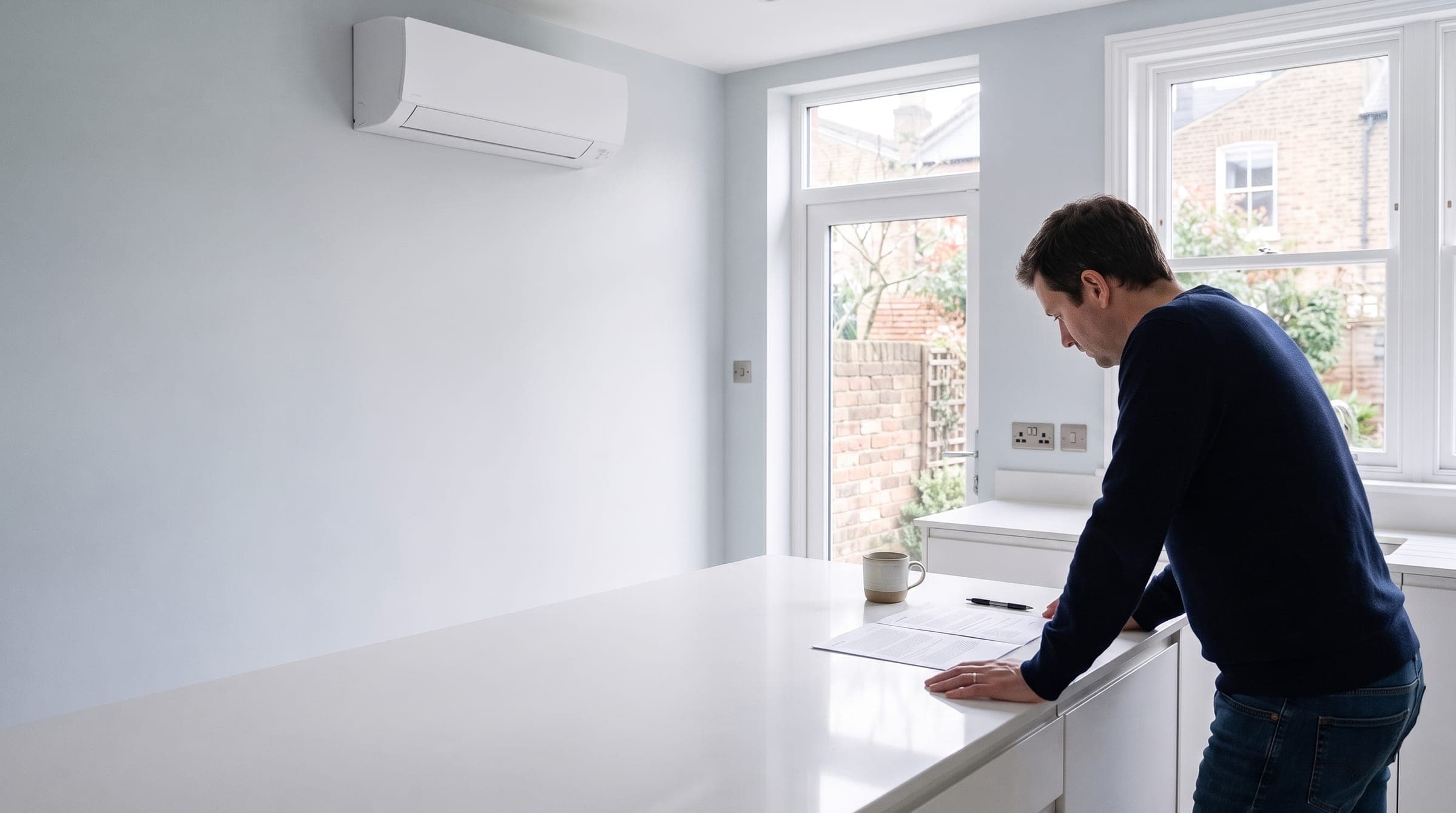 Homeowner reading a printed air conditioning quote at a kitchen island in a bright London home