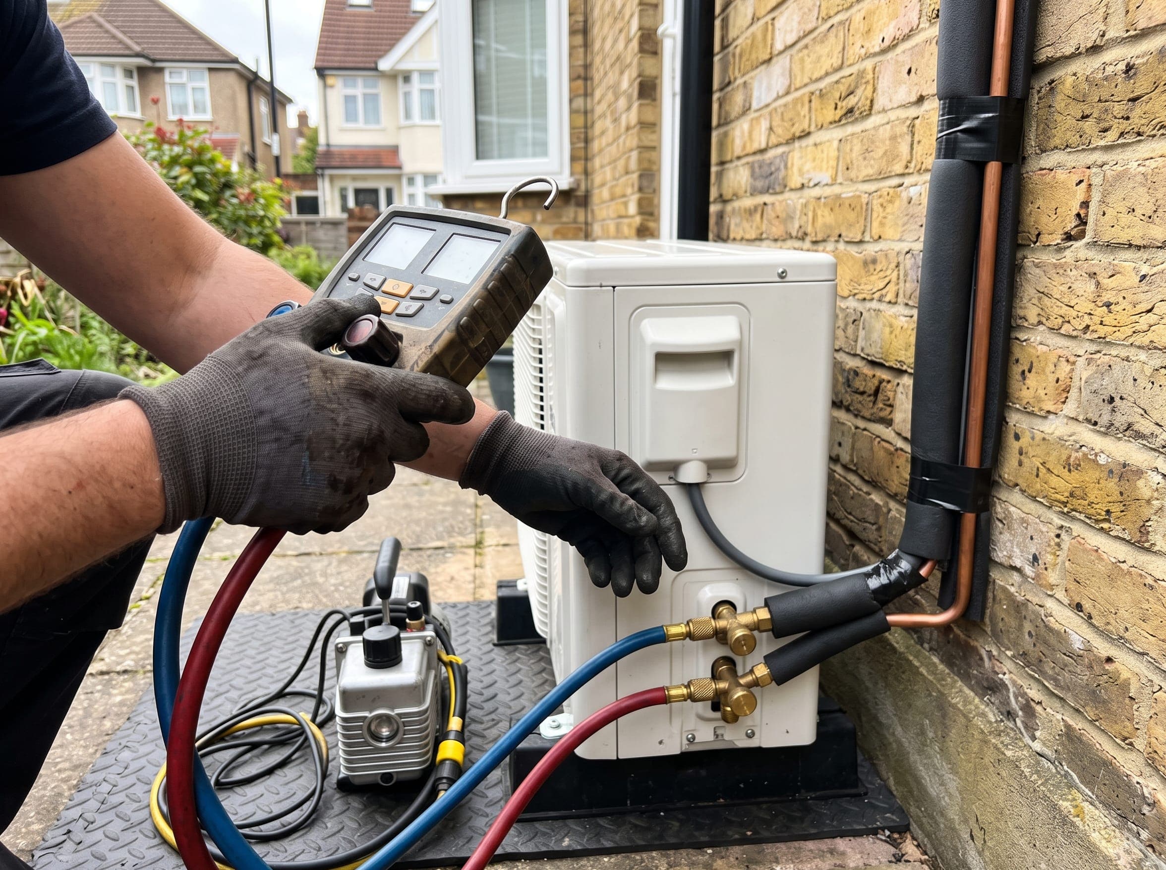 Engineer commissioning a new system with digital refrigerant gauges and a vacuum pump