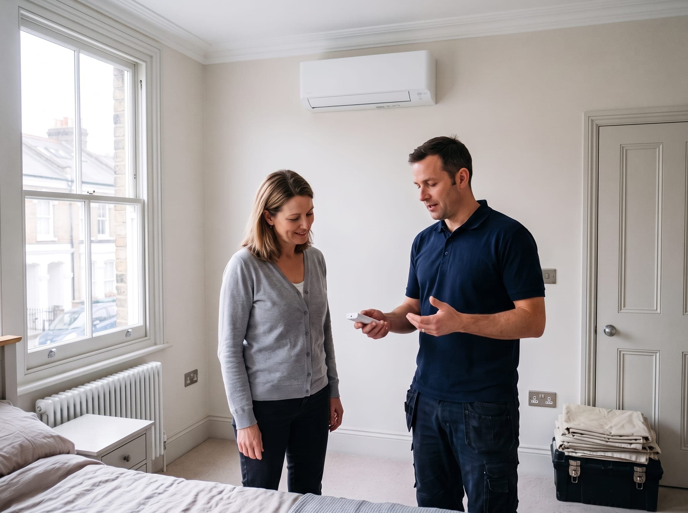 Engineer showing a homeowner how to use the remote after a bedroom installation