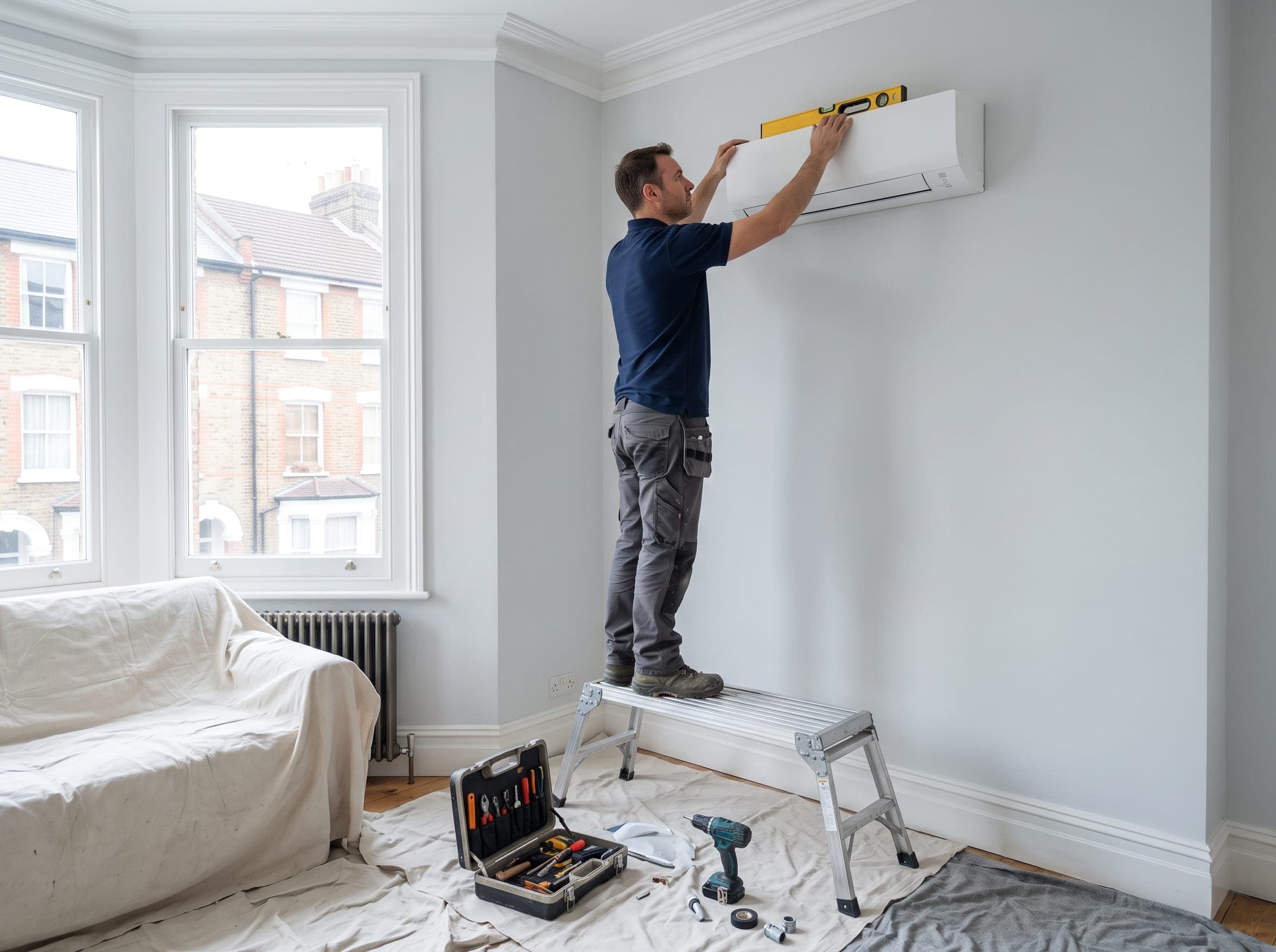 Engineer levelling a new wall-mounted air conditioning unit with dust sheets on the floor