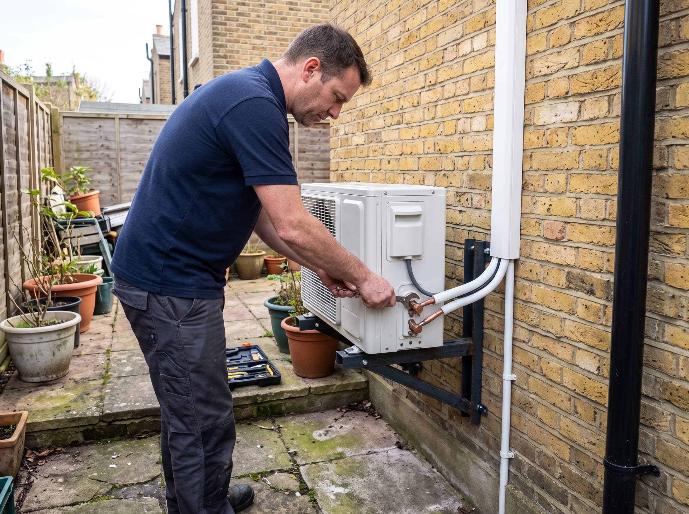 Engineer connecting the copper pipework to an outdoor unit on a wall bracket