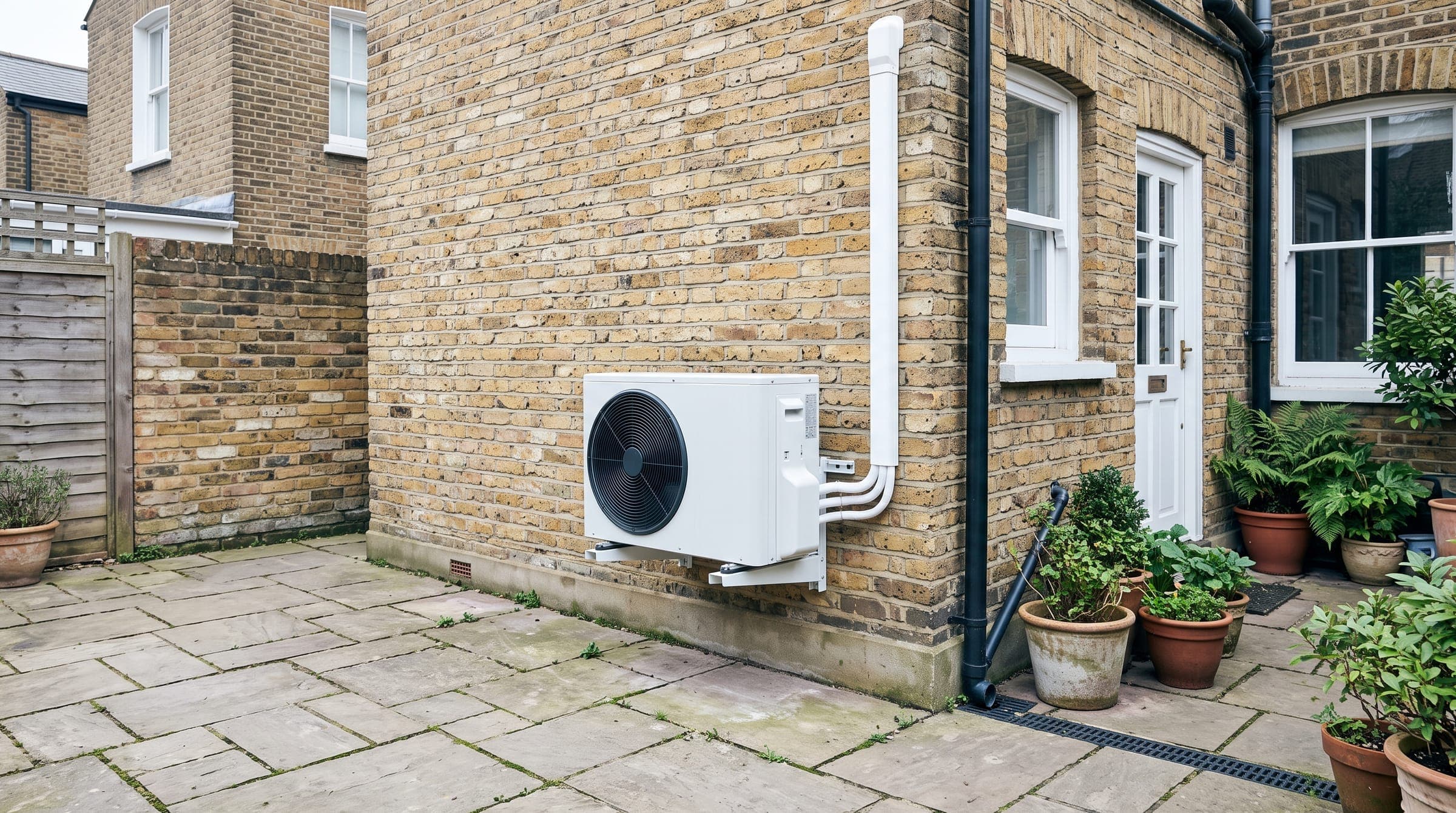 Rear of a London terrace with a compact white outdoor unit on a wall bracket beside the back door and a small garden