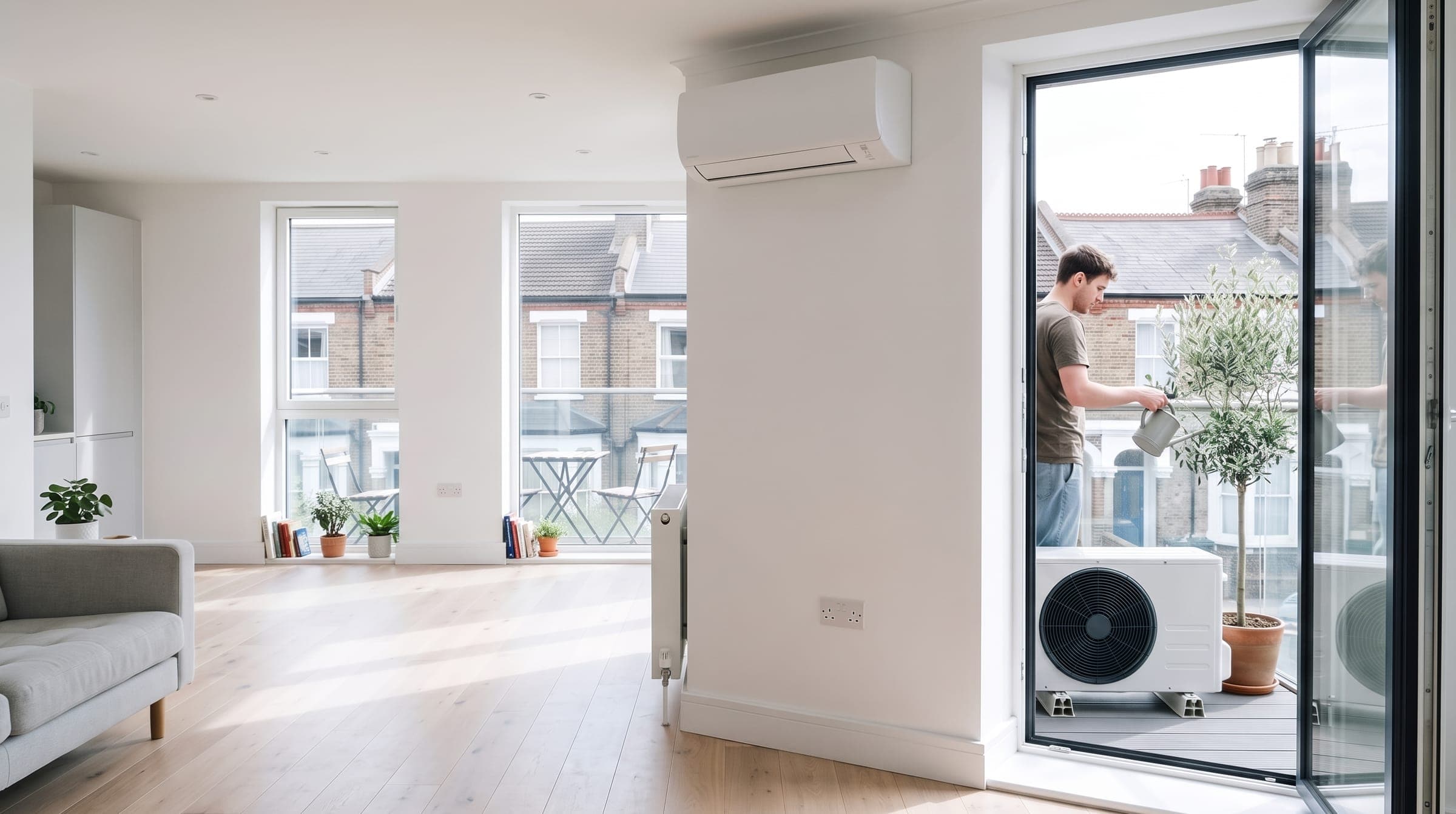 Air conditioning wall unit in a bright London flat, with the outdoor unit on the balcony beyond