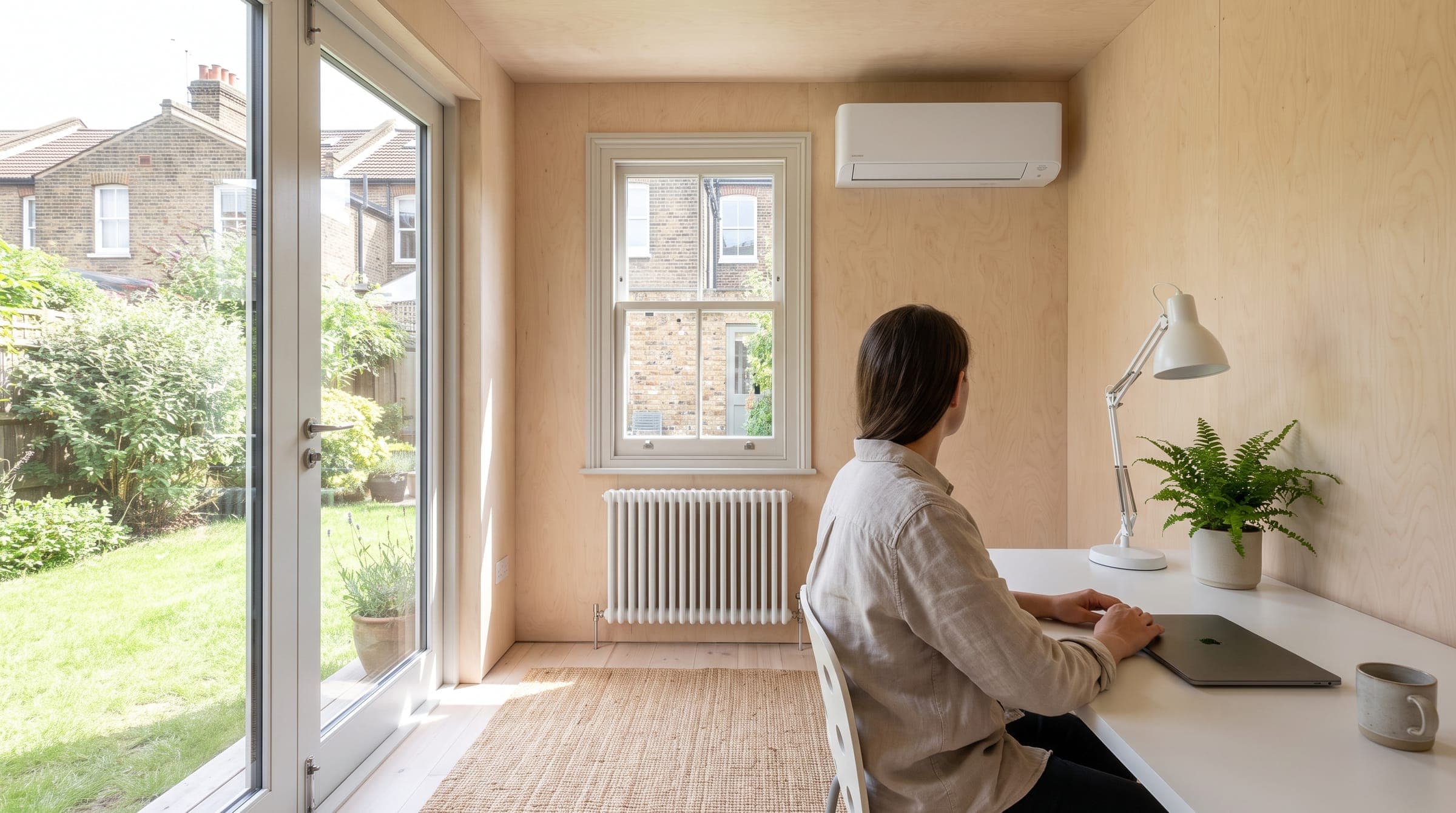 Garden office lined in birch plywood with a white air conditioning unit high on the back wall
