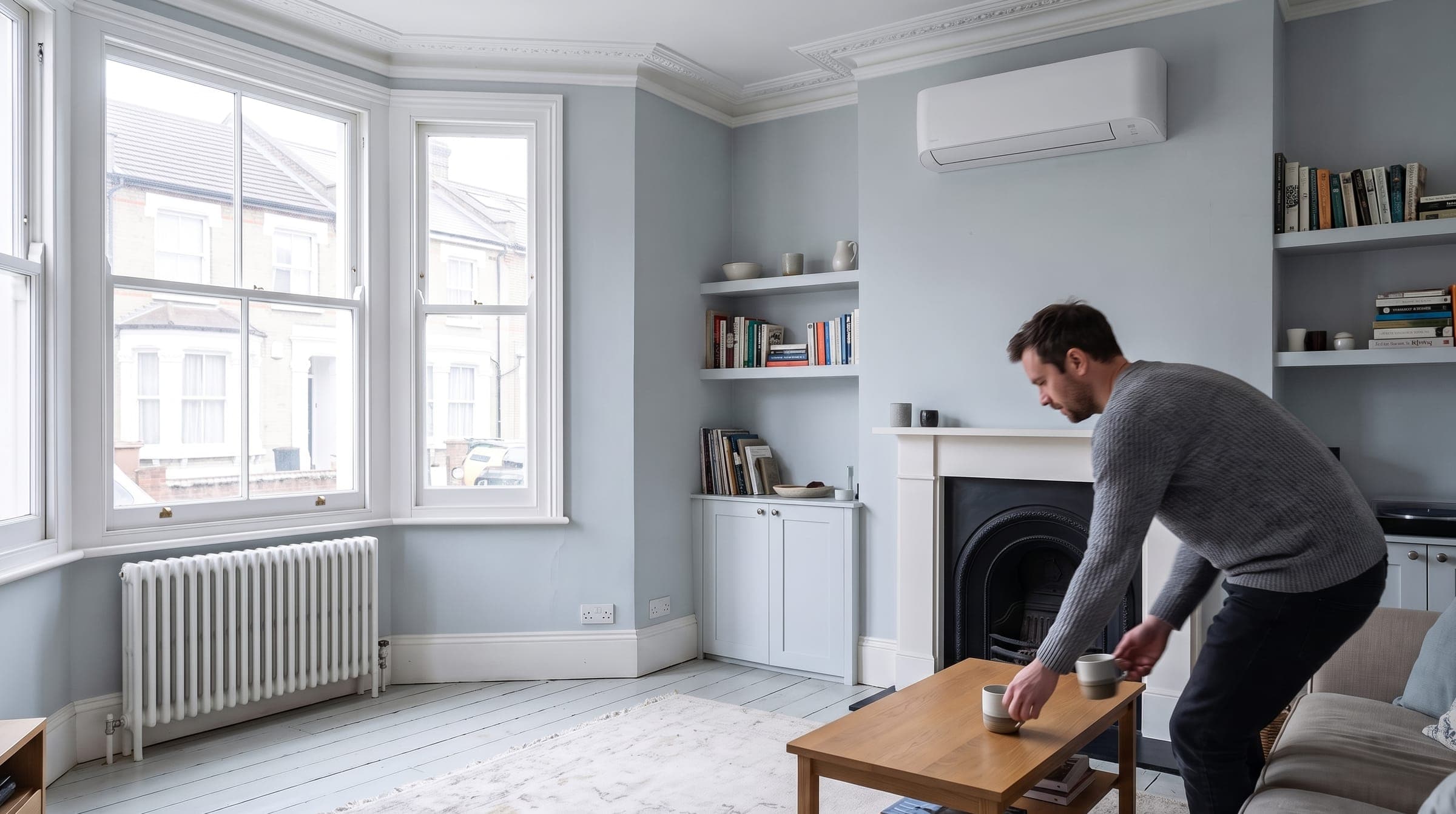 Slim white air conditioning unit high on the alcove wall of a Victorian terrace front room