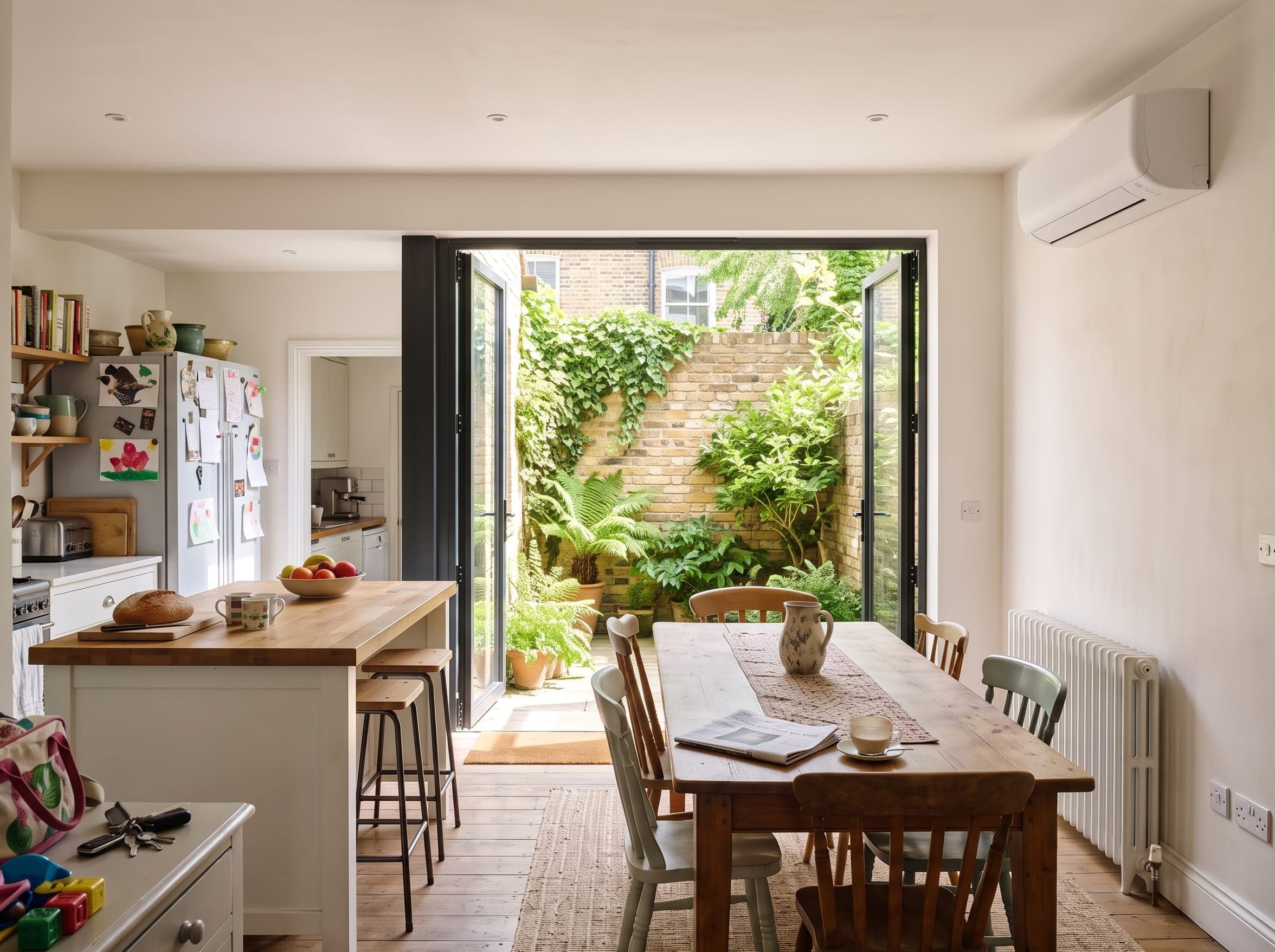 Family kitchen-diner in a London terrace with a white air conditioning unit on the wall