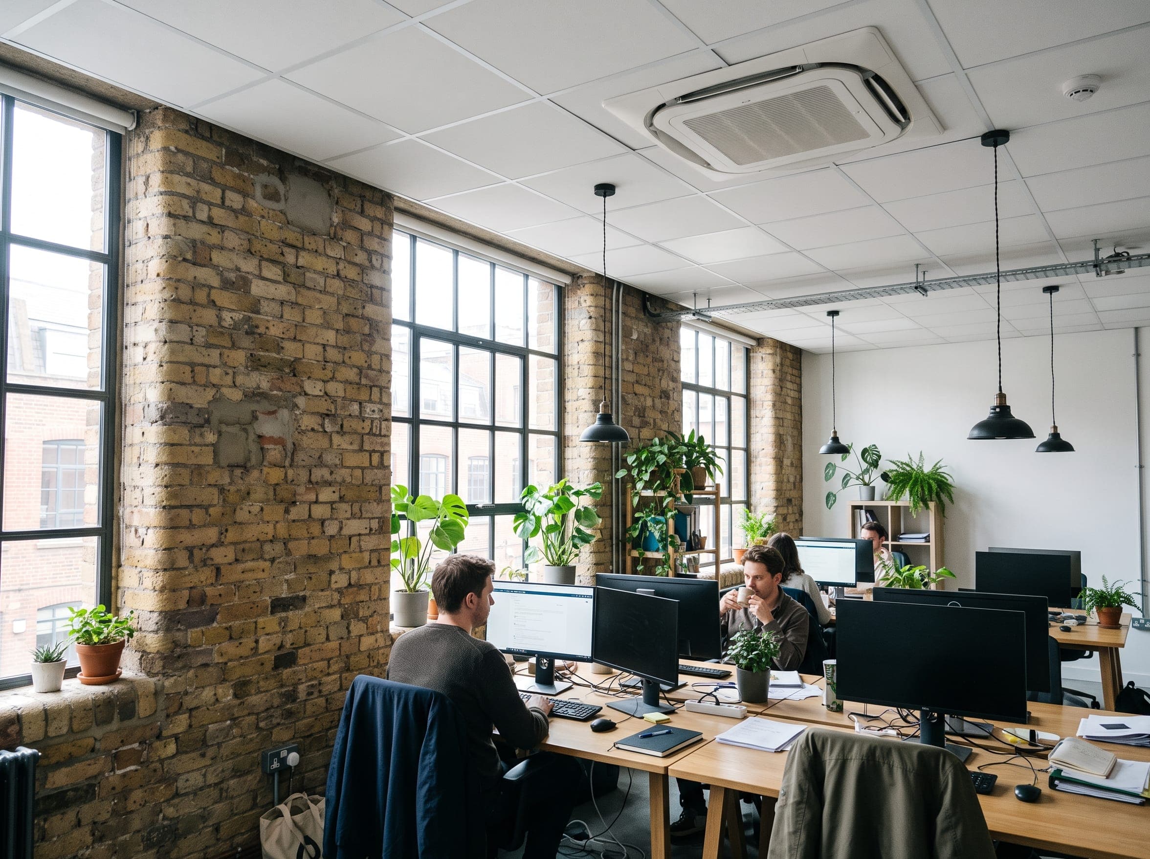 London warehouse office with a ceiling cassette air conditioning unit above the desks