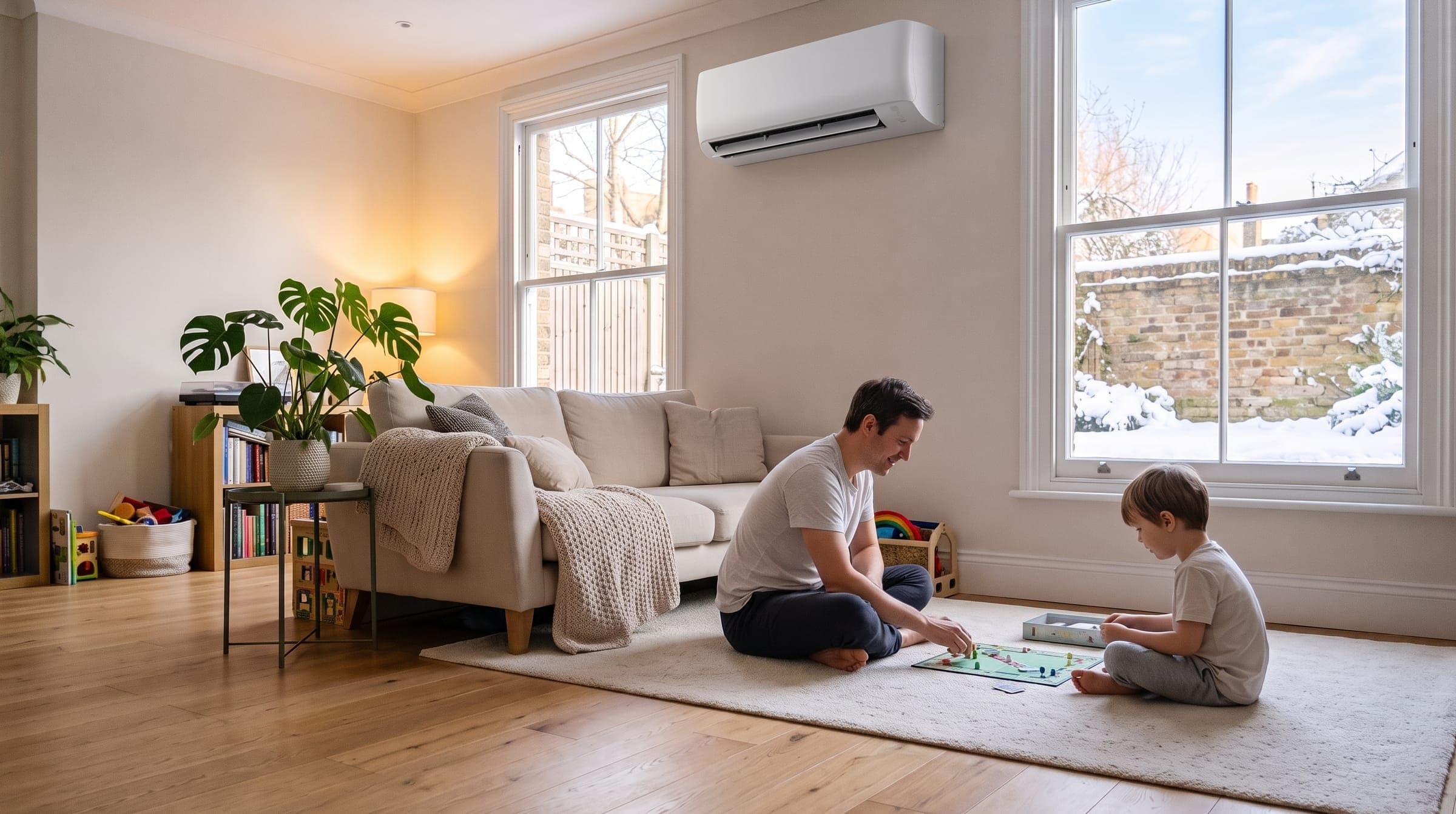 Parent and child playing barefoot in a warm London living room heated by a wall unit, snow outside