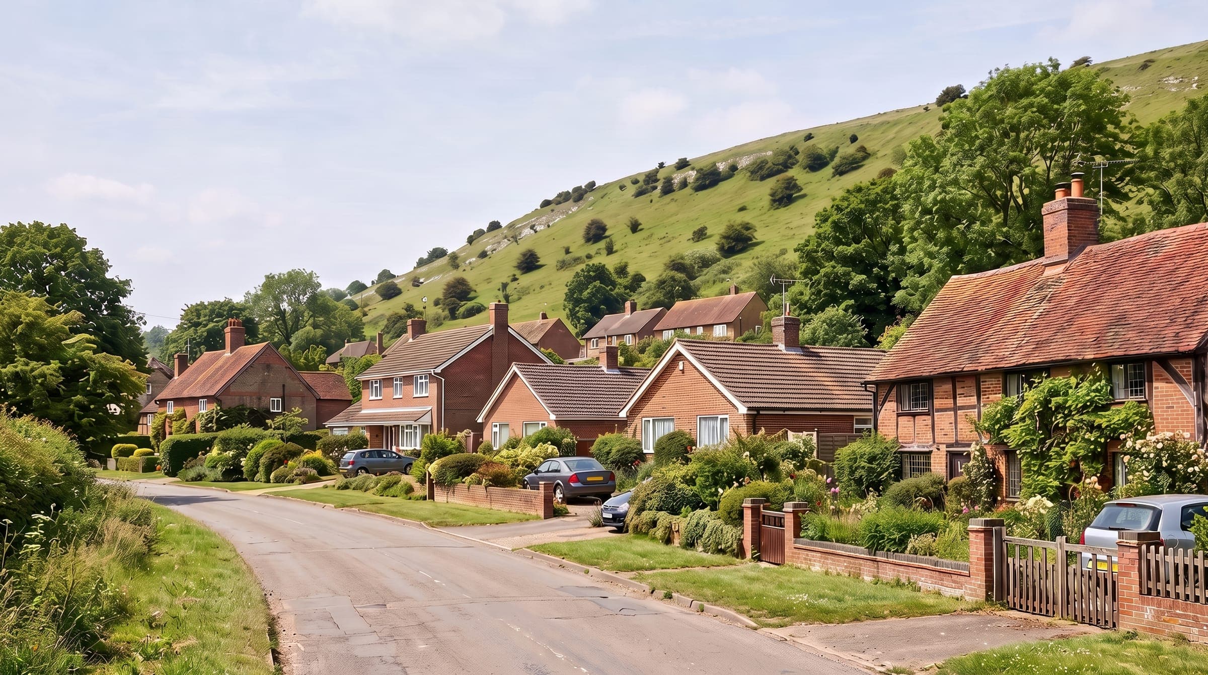 Bedfordshire village lane of old cottages and newer homes at the foot of a green chalk escarpment