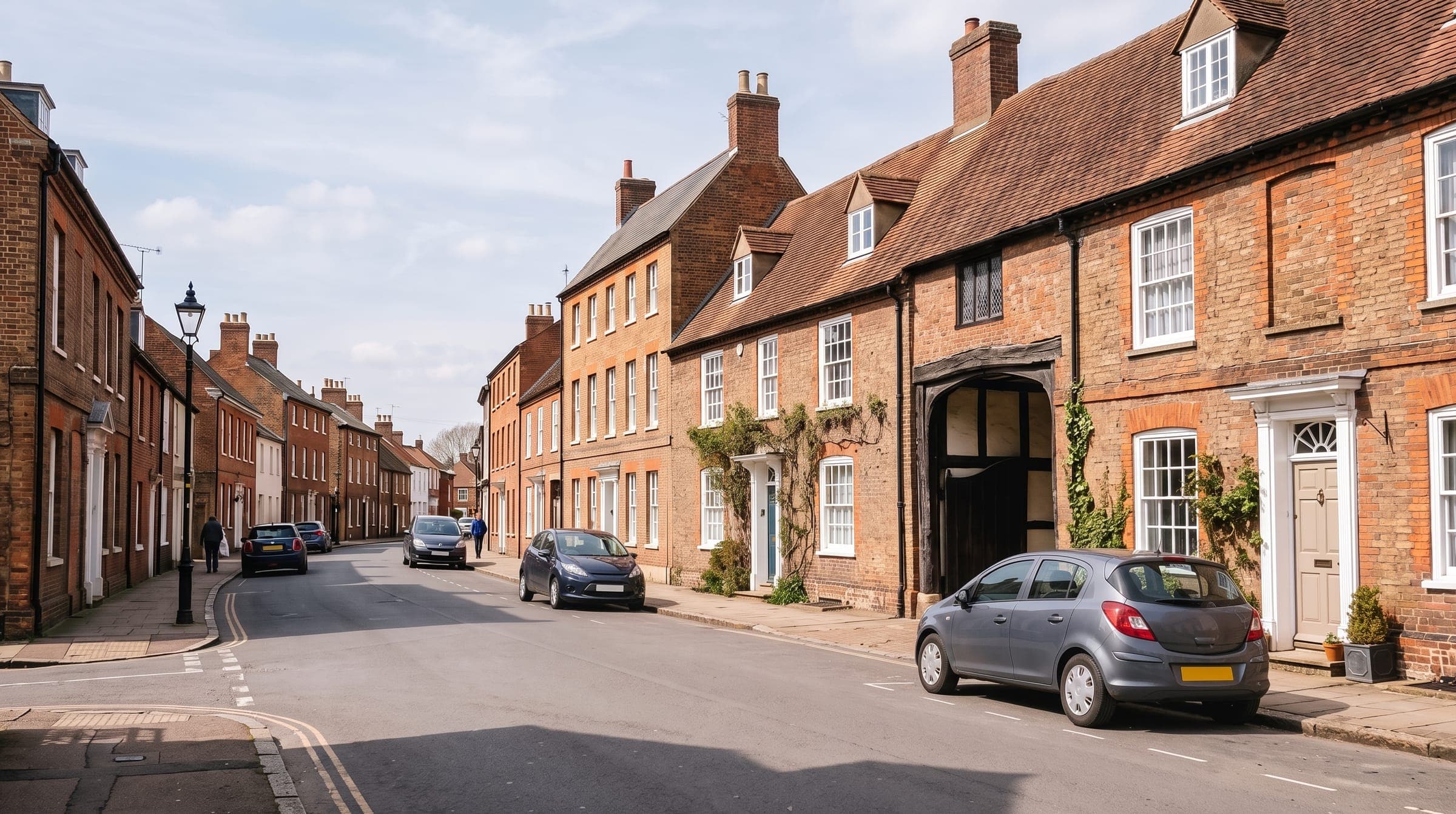 Georgian red-brick houses and an old coaching inn archway on a Bedfordshire market-town street