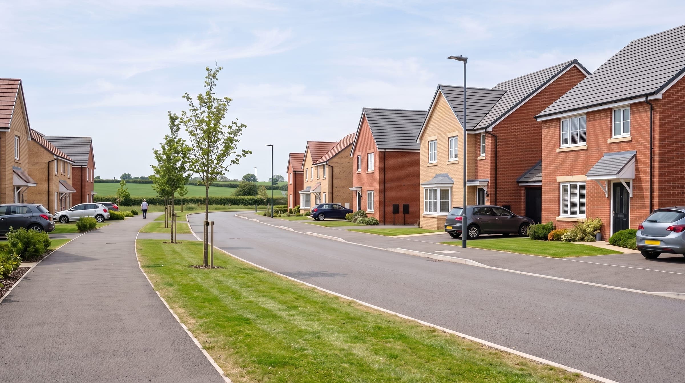 New-build brick homes on a modern Bedfordshire estate with young street trees and farmland beyond
