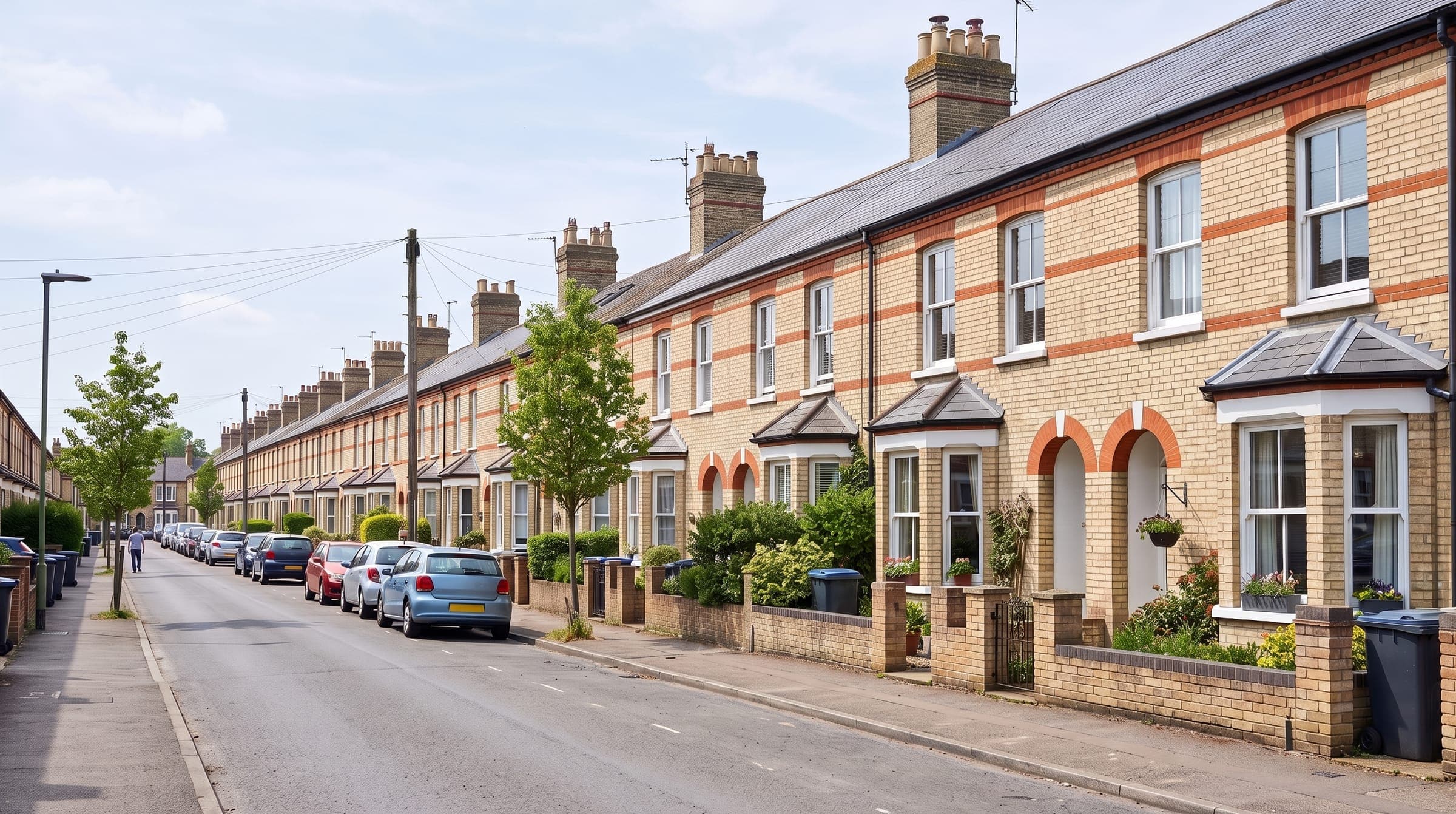 Late-Victorian buff-brick terraced street with bay windows near Bedford