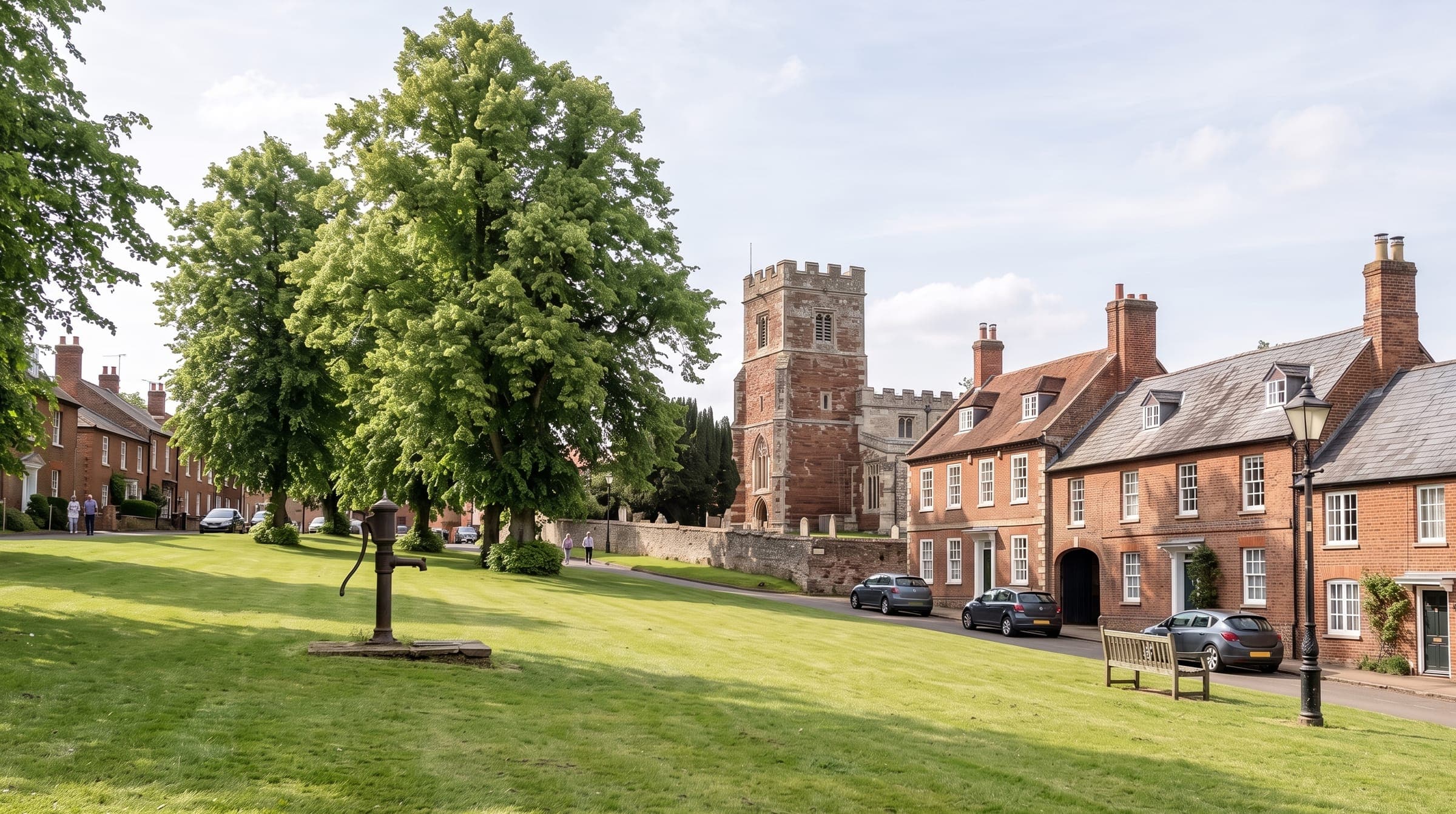 Bedfordshire village green with lime trees, an old pump, a medieval church tower and Georgian houses