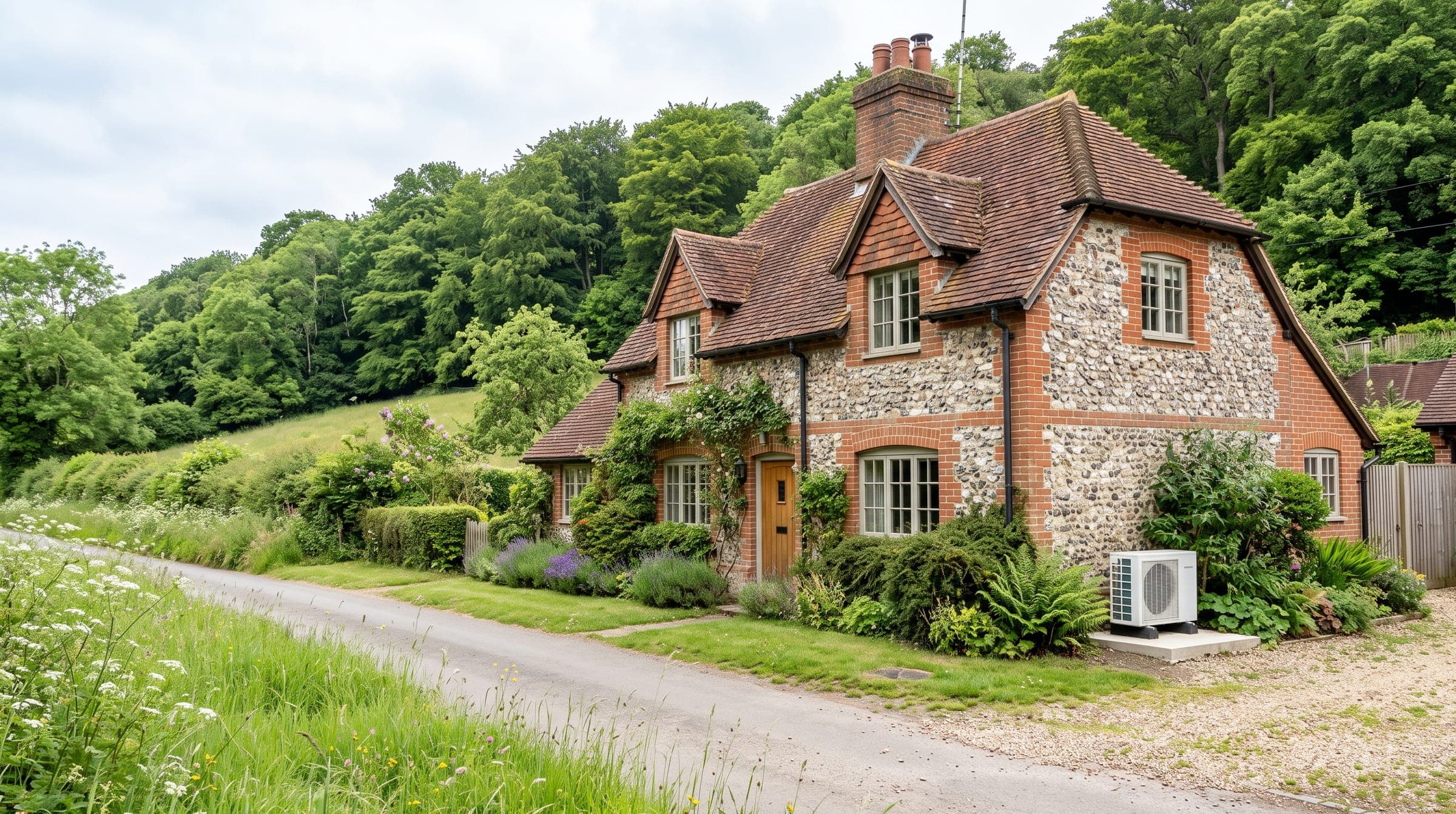 Brick and flint cottage in a Chilterns village with a small white outdoor unit at the side