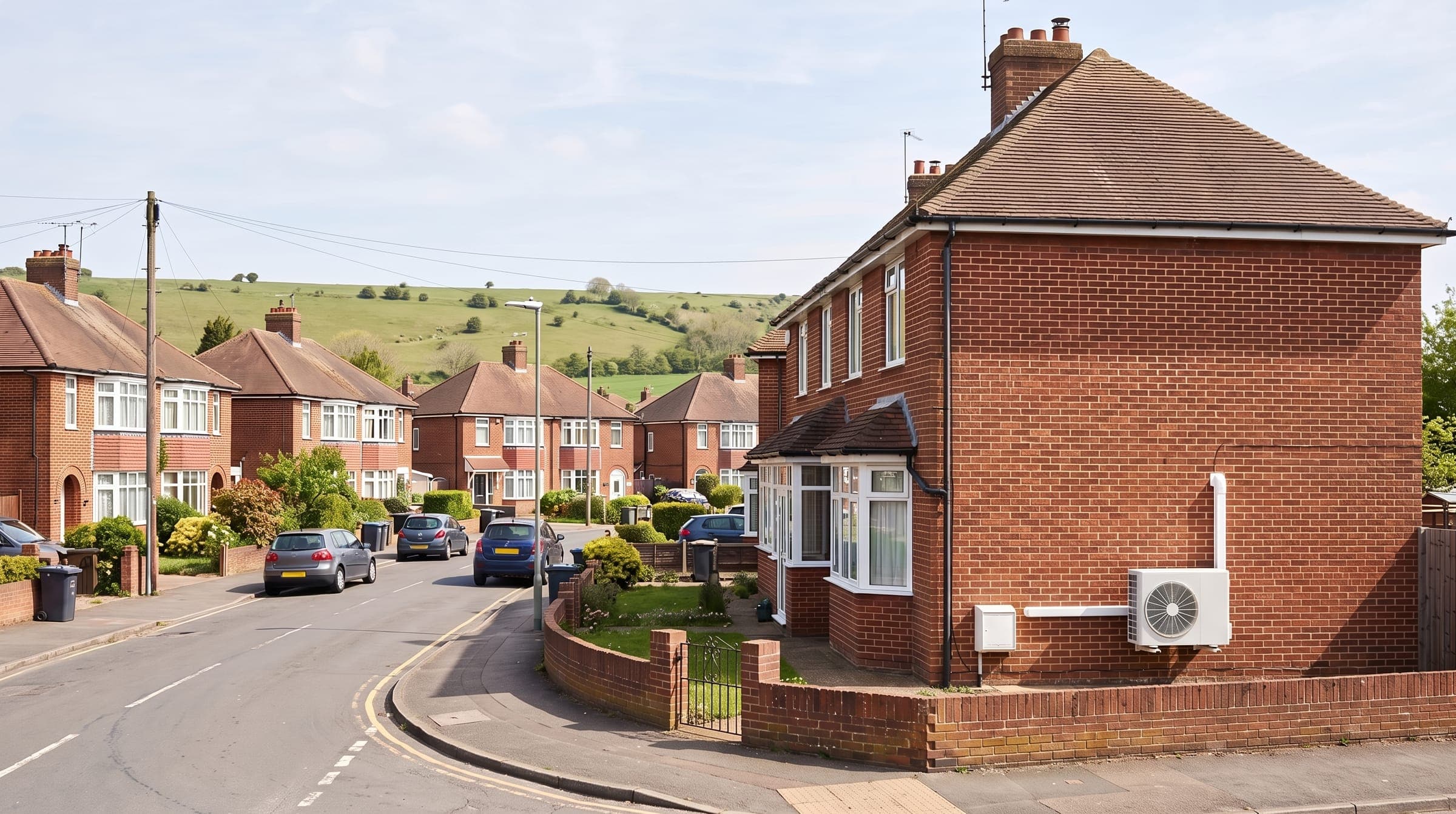 1930s red-brick semi-detached houses on a quiet road with green chalk downs beyond, a white outdoor unit on a side wall