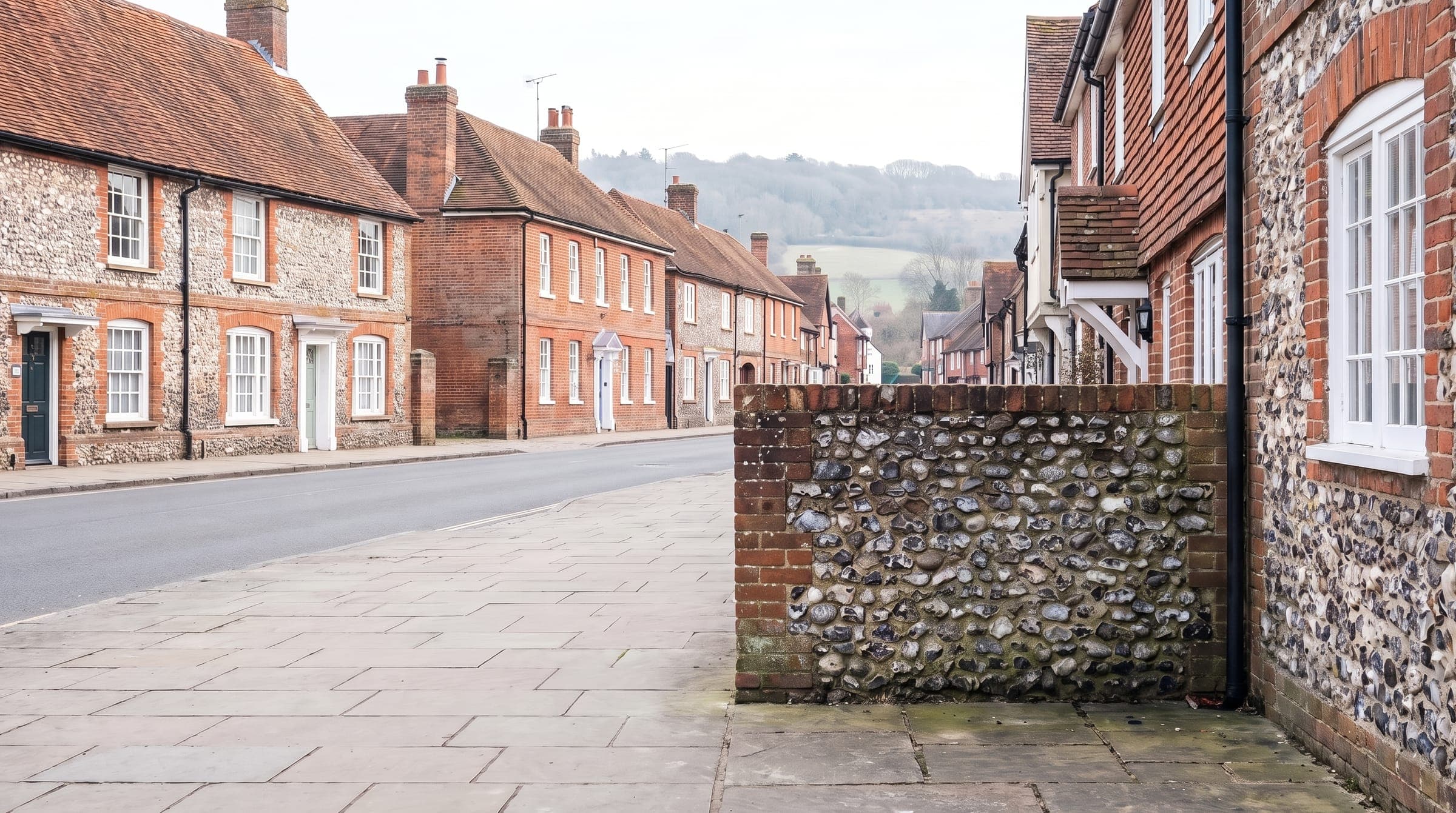 Market town street of brick and flint houses with white sash windows, wide paved footway and a low brick-capped flint wall