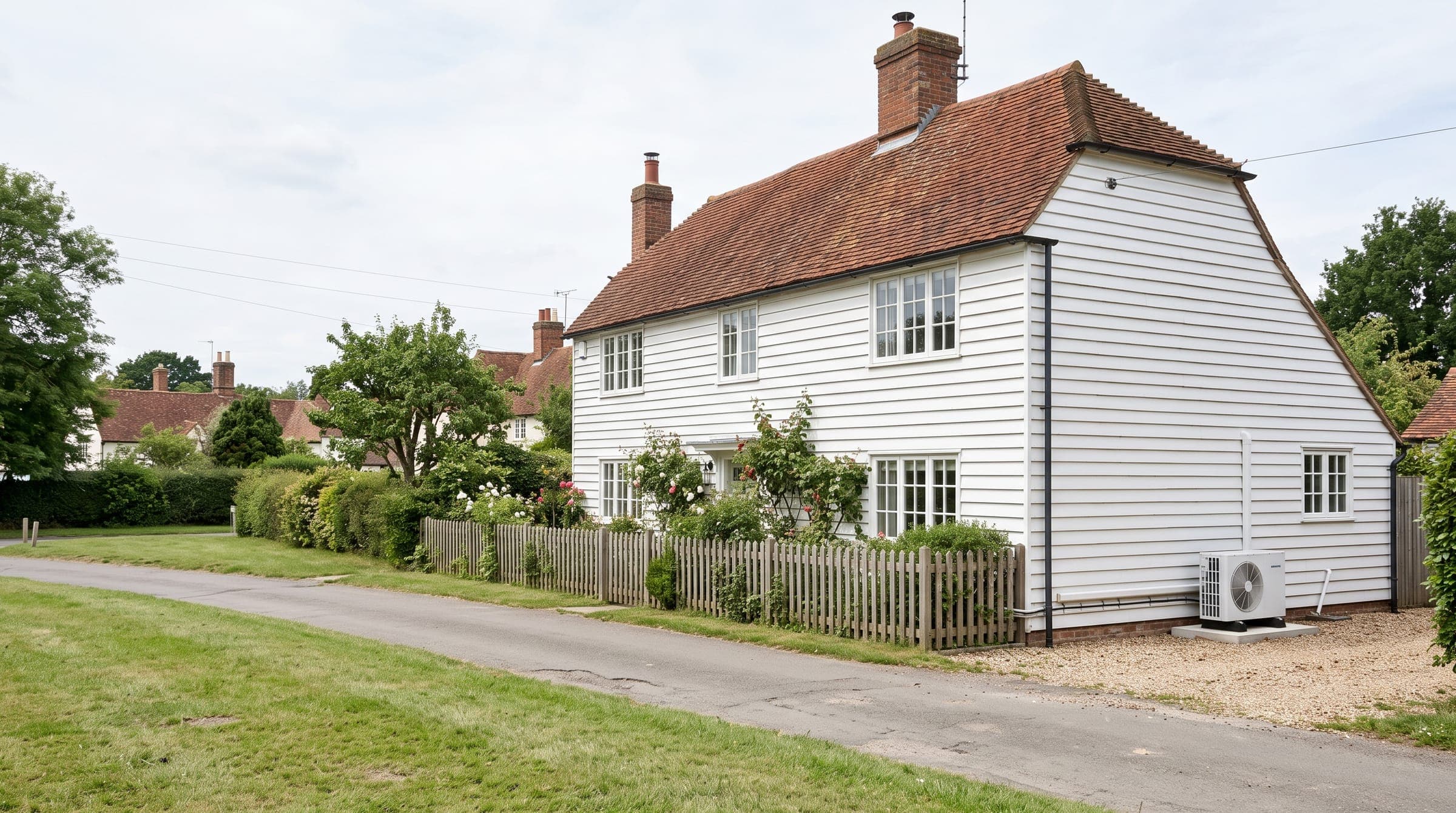 White weatherboarded Essex cottage with a small white outdoor unit at the rear