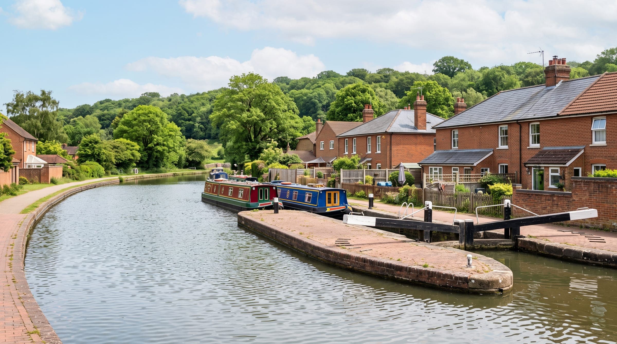 Narrowboats moored on the Grand Union Canal beside Victorian brick houses, with Chiltern woods behind