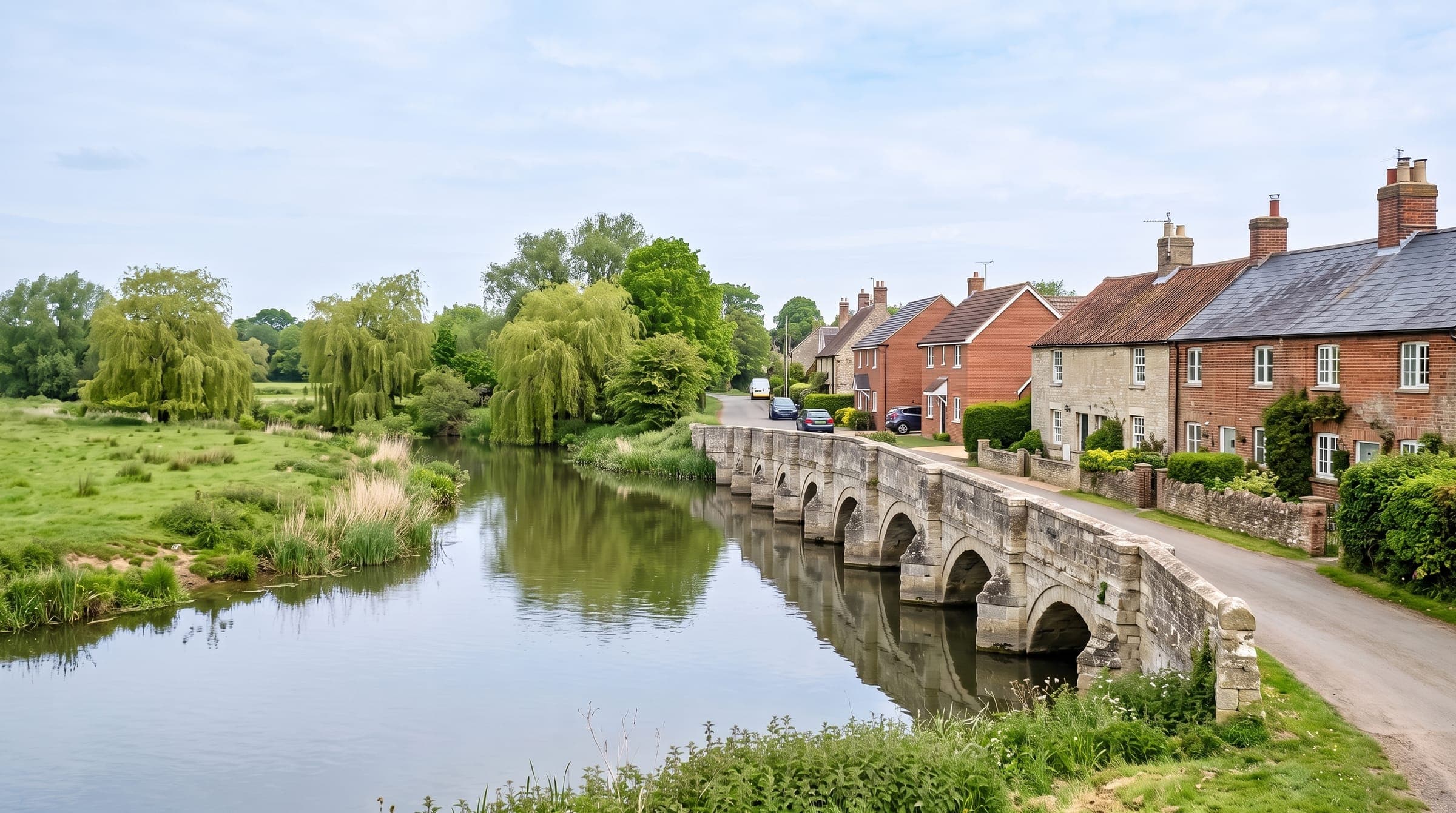 Long many-arched limestone bridge over the River Great Ouse with cottages and family houses beside it