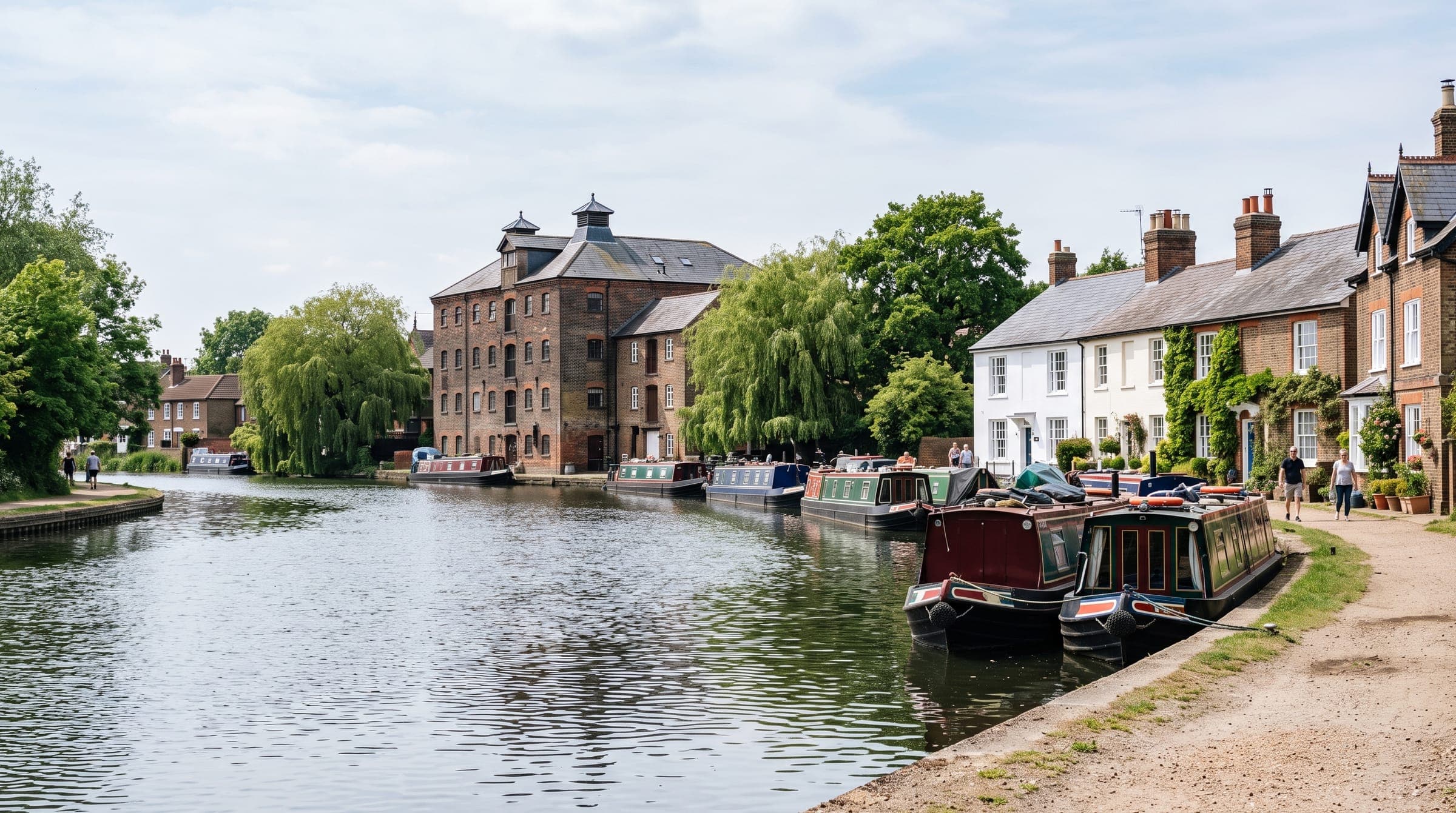 Narrowboats on the River Lea beside a converted maltings and Georgian houses