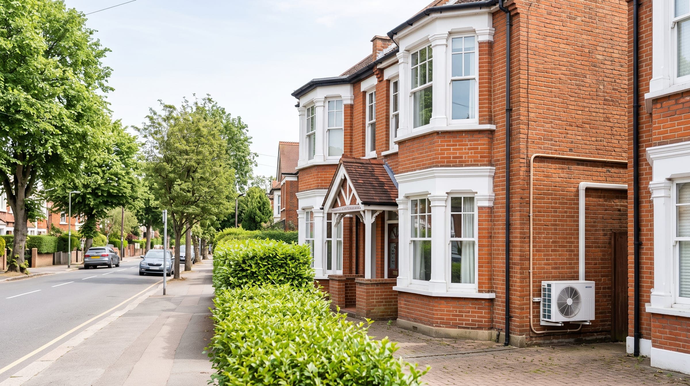 Edwardian semi-detached house with a compact white air conditioning unit at the side