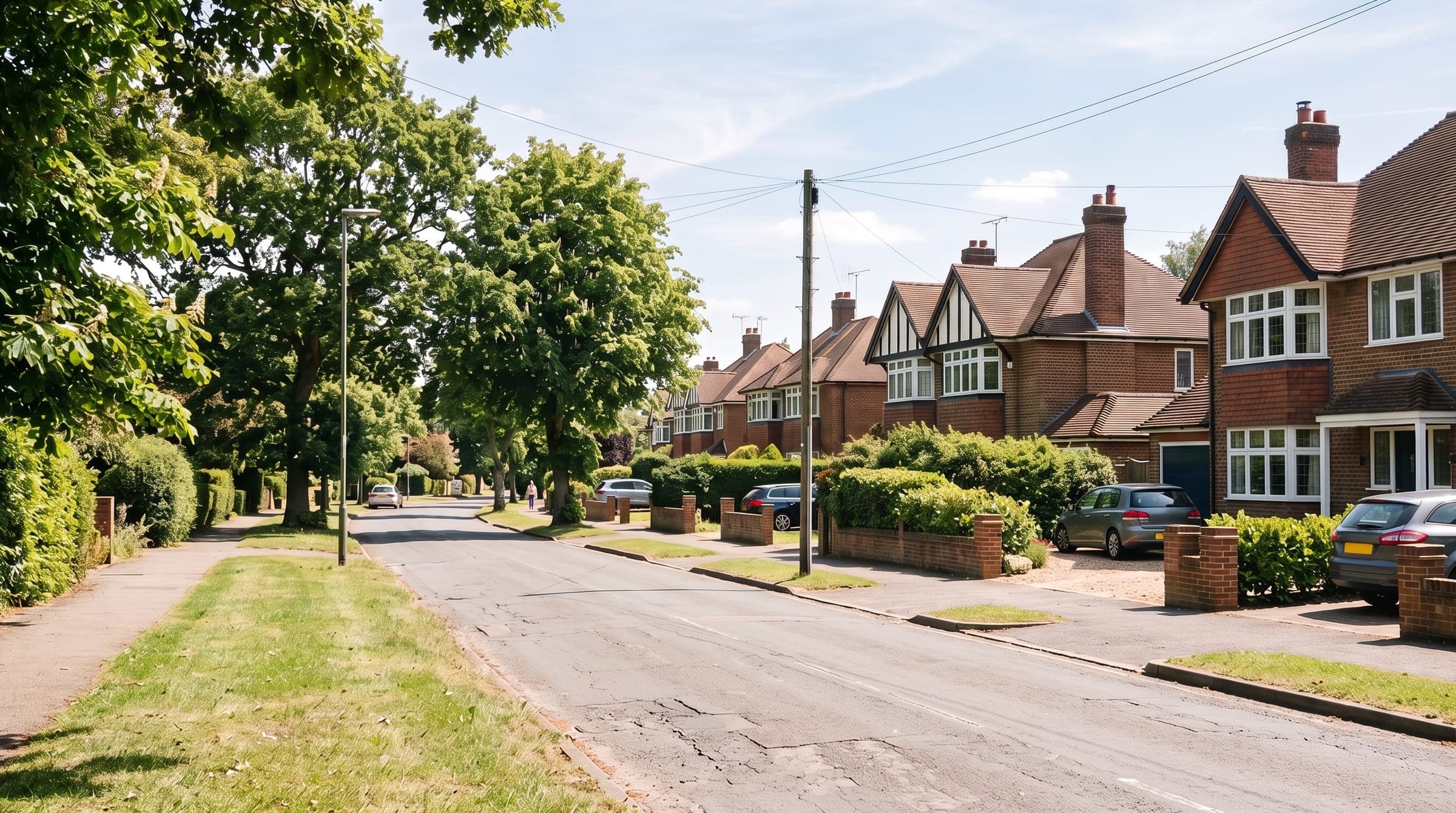 Leafy Hertfordshire road of 1920s and 1930s detached houses with tile-hung gables and oak trees