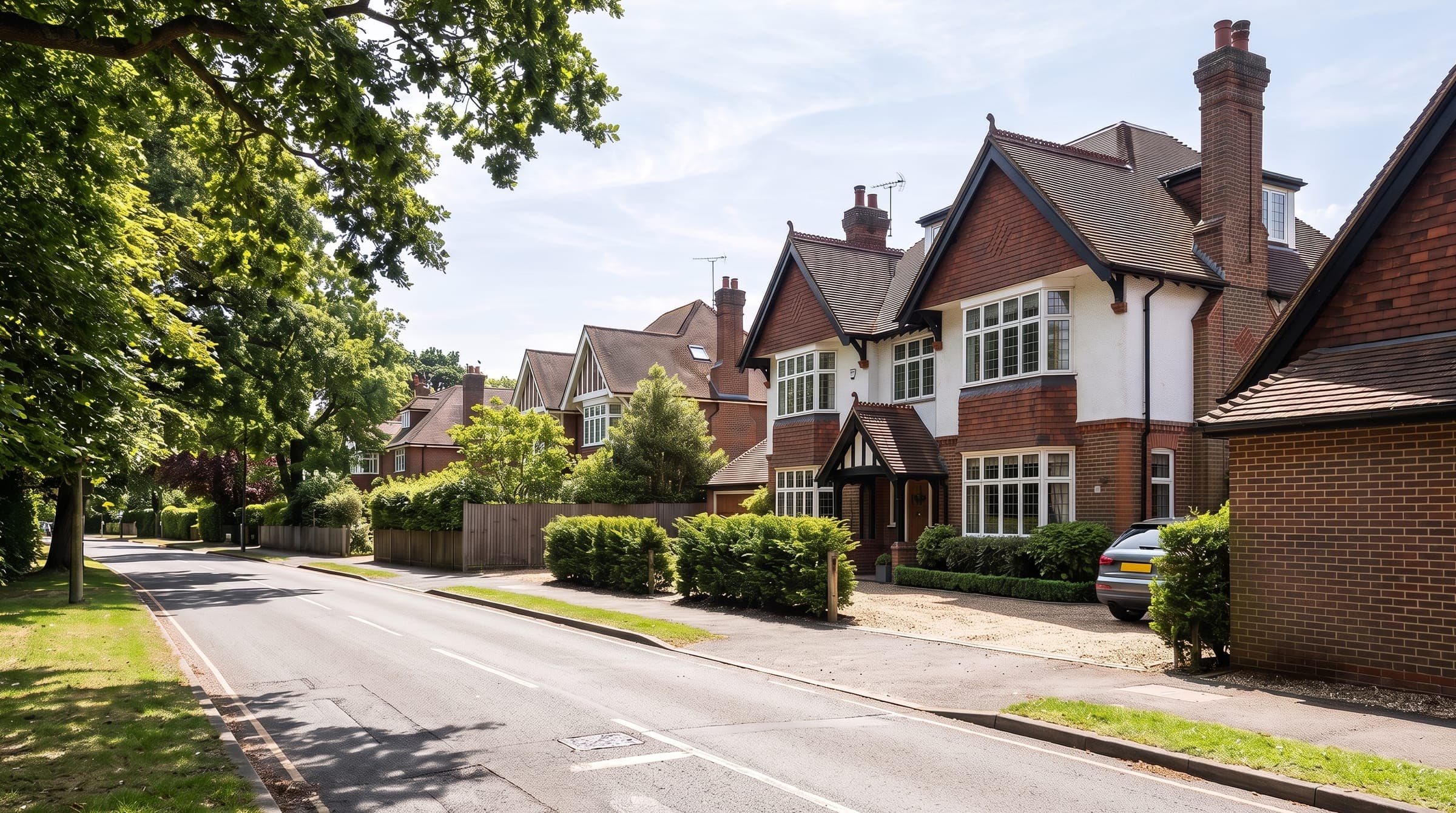 Large Edwardian detached houses with tile-hung gables, gravel drives and hedges on a leafy road