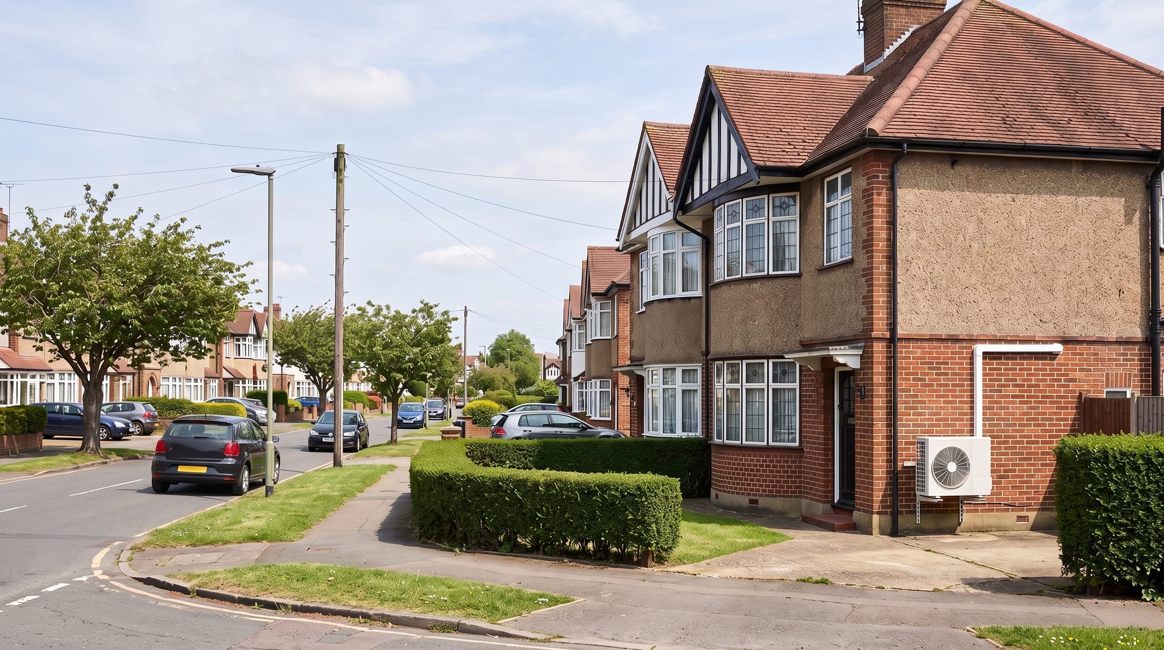 1930s Metroland semi-detached houses with mock-Tudor gables and bay windows, a white outdoor unit on a side wall