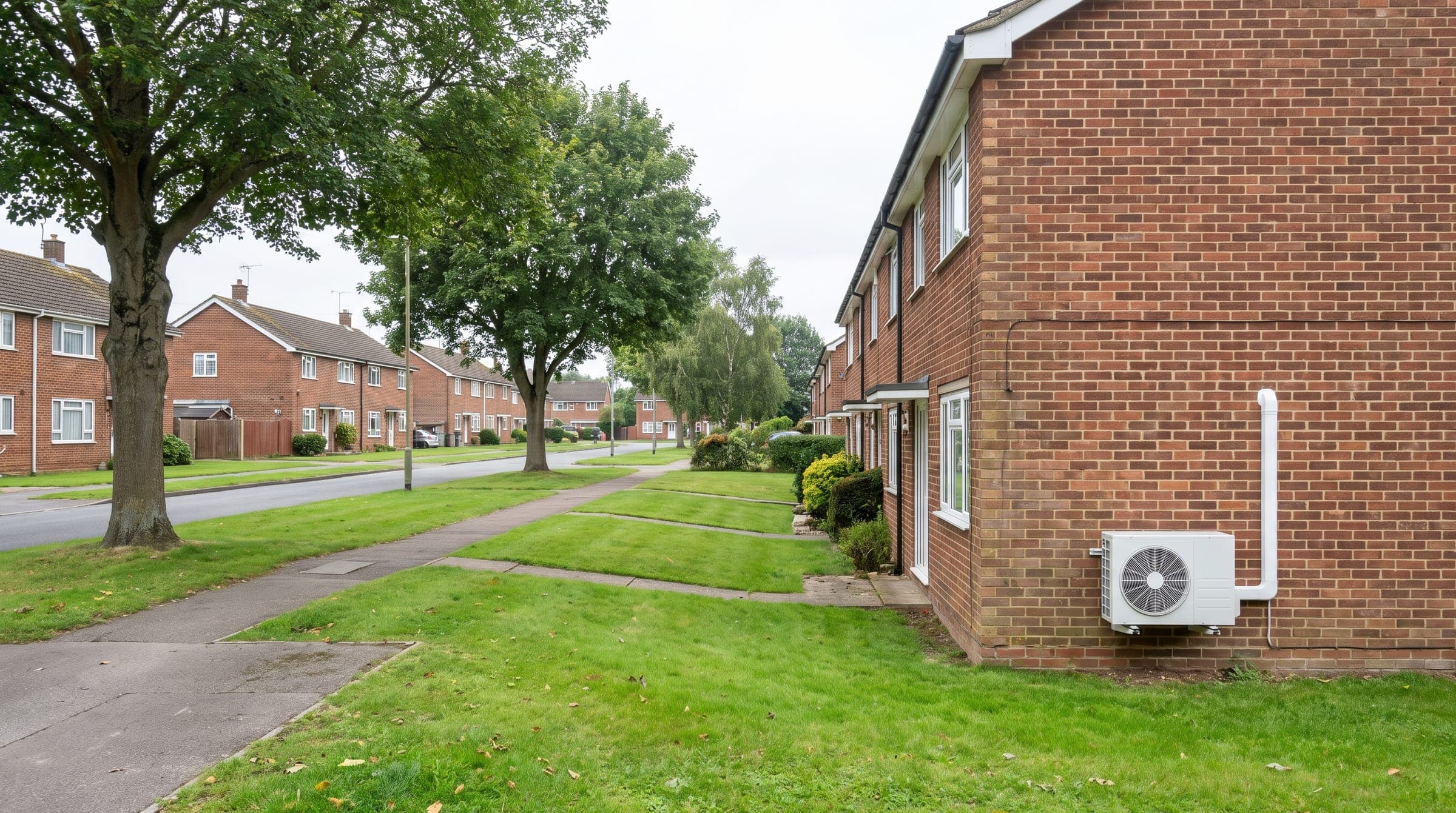 Two-storey brick houses with open front lawns, wide verges and trees, and a white air conditioning unit on the side of an end terrace
