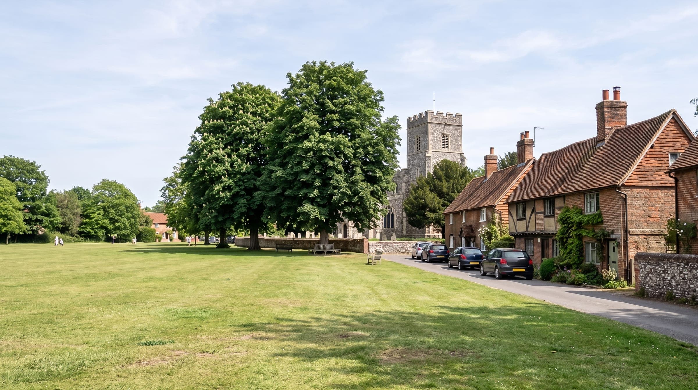 Hertfordshire village green with horse chestnut trees, a flint church tower and old brick and timber cottages