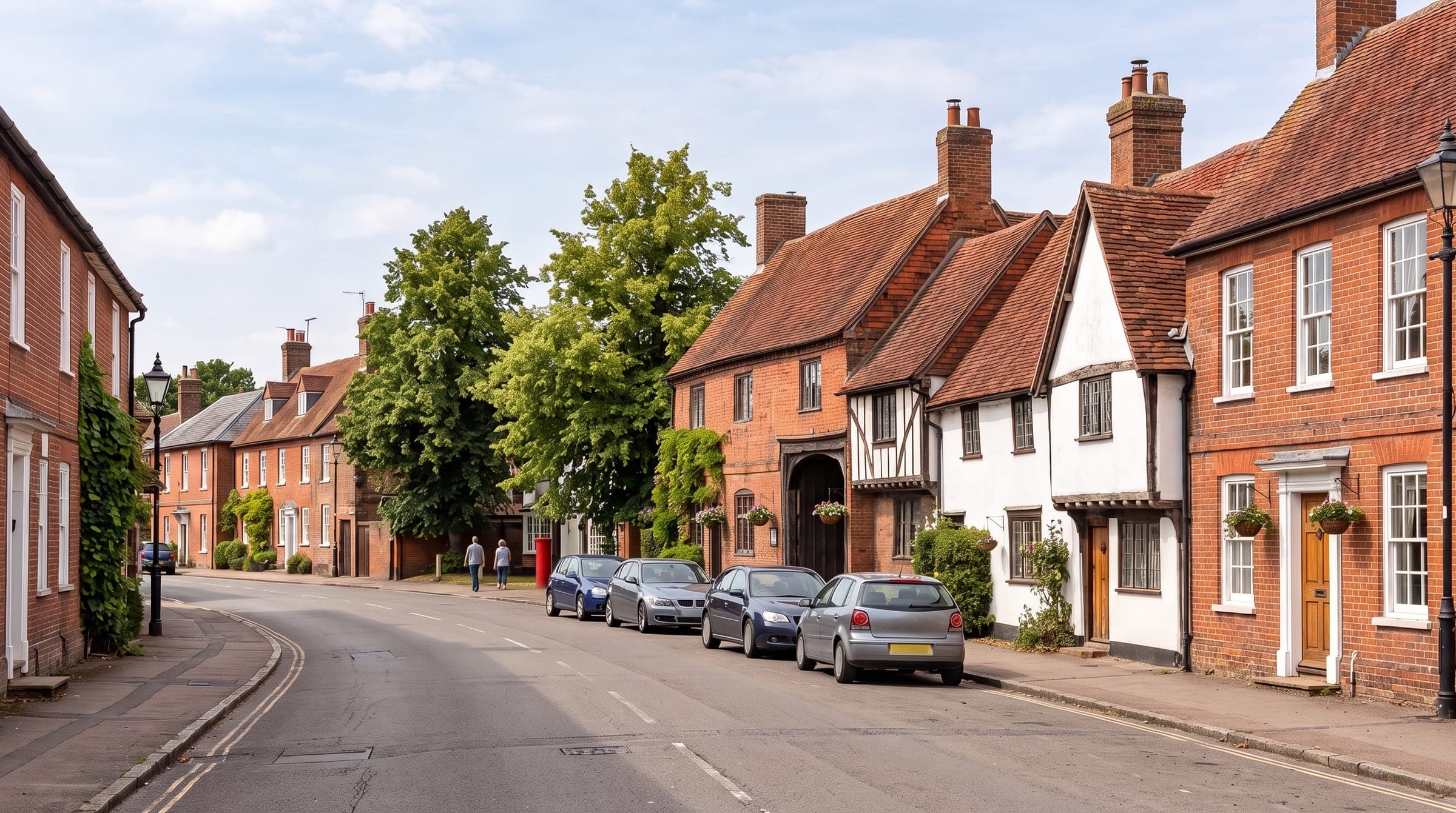 Historic Hertfordshire village street of Georgian brick houses and timber-framed cottages with an old coaching inn