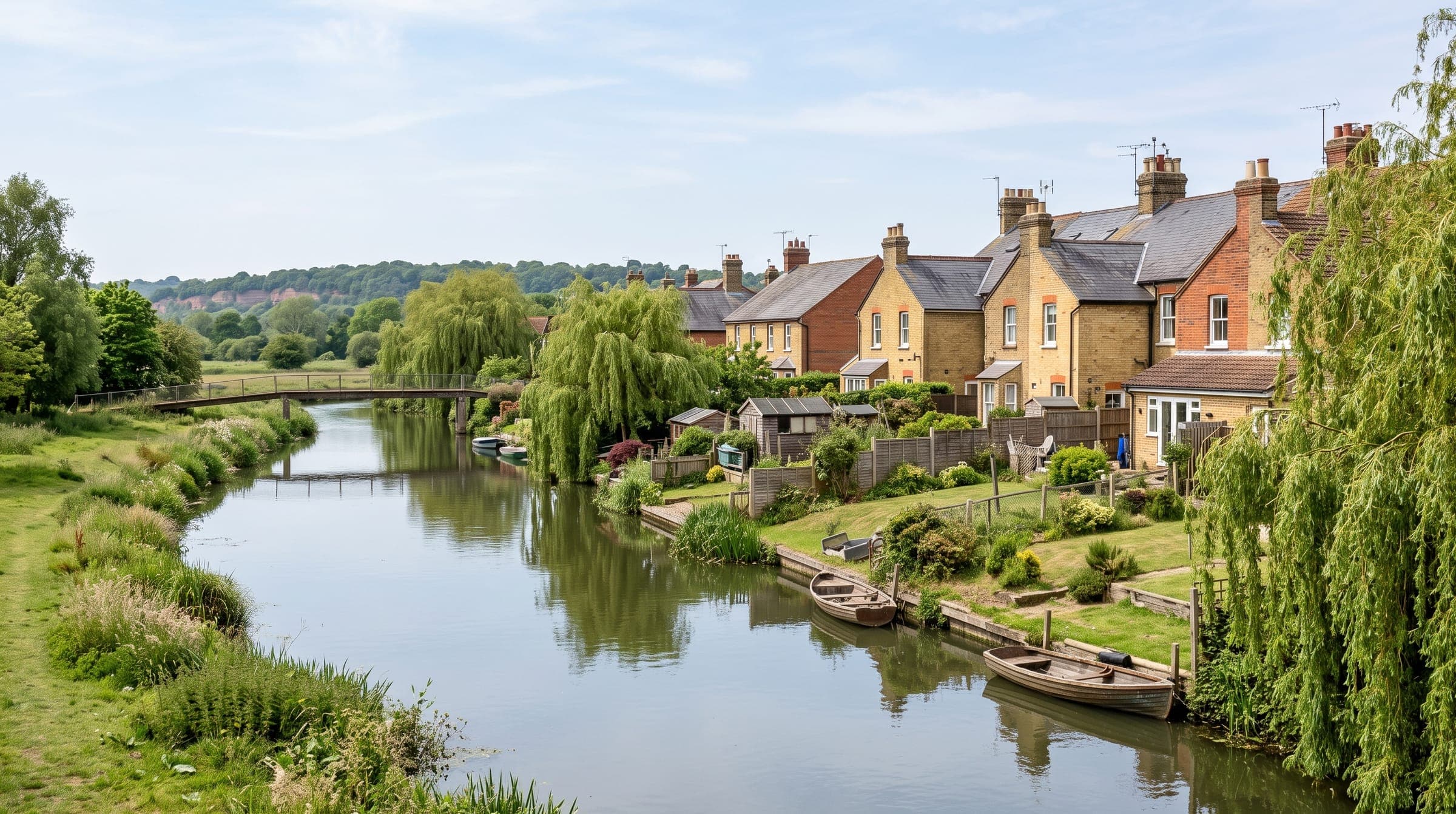 Victorian brick terraces beside a small river with willows and a footbridge in a Bedfordshire market town