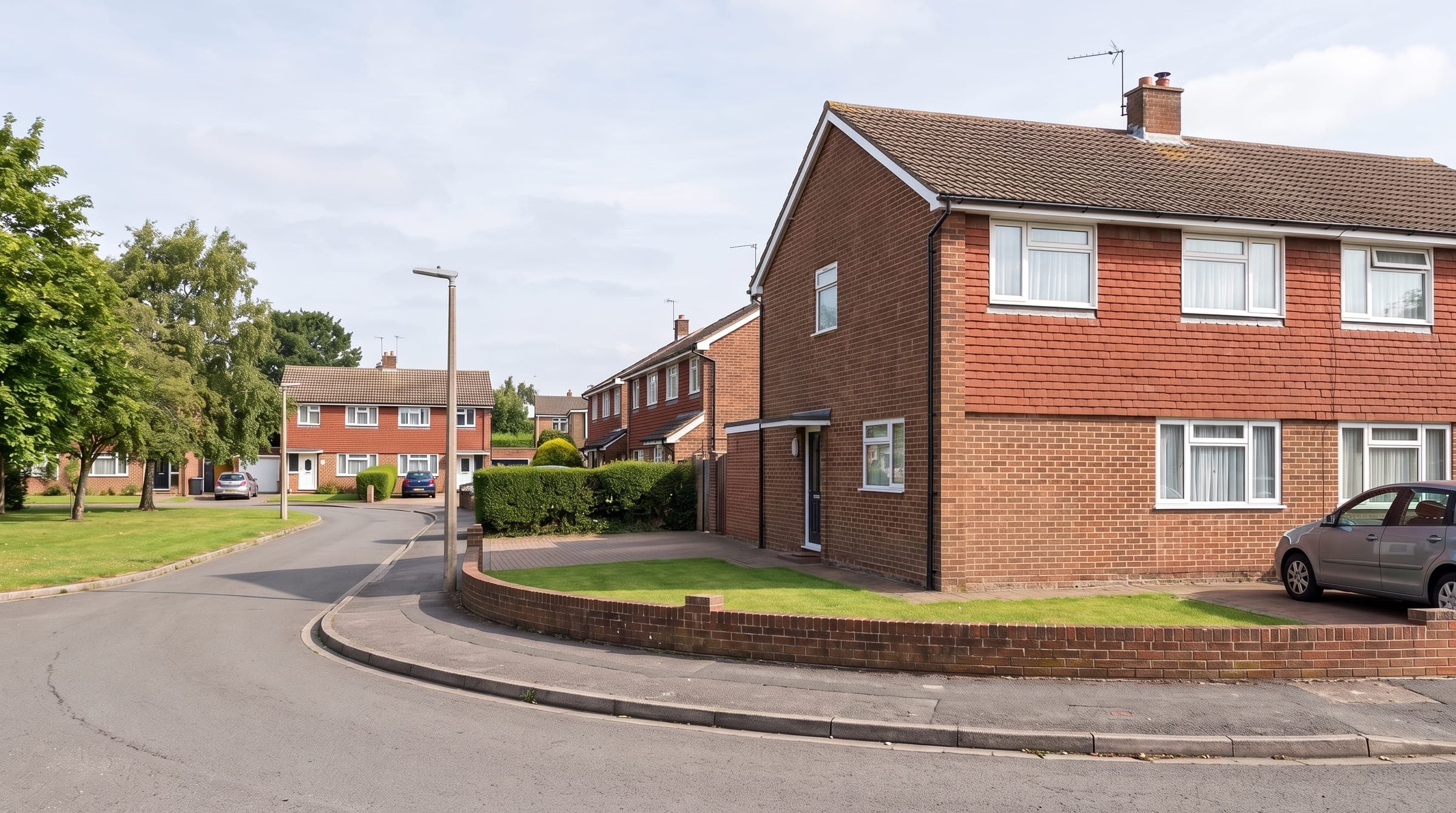 Post-war semi-detached houses with tile-hung upper floors around a quiet green