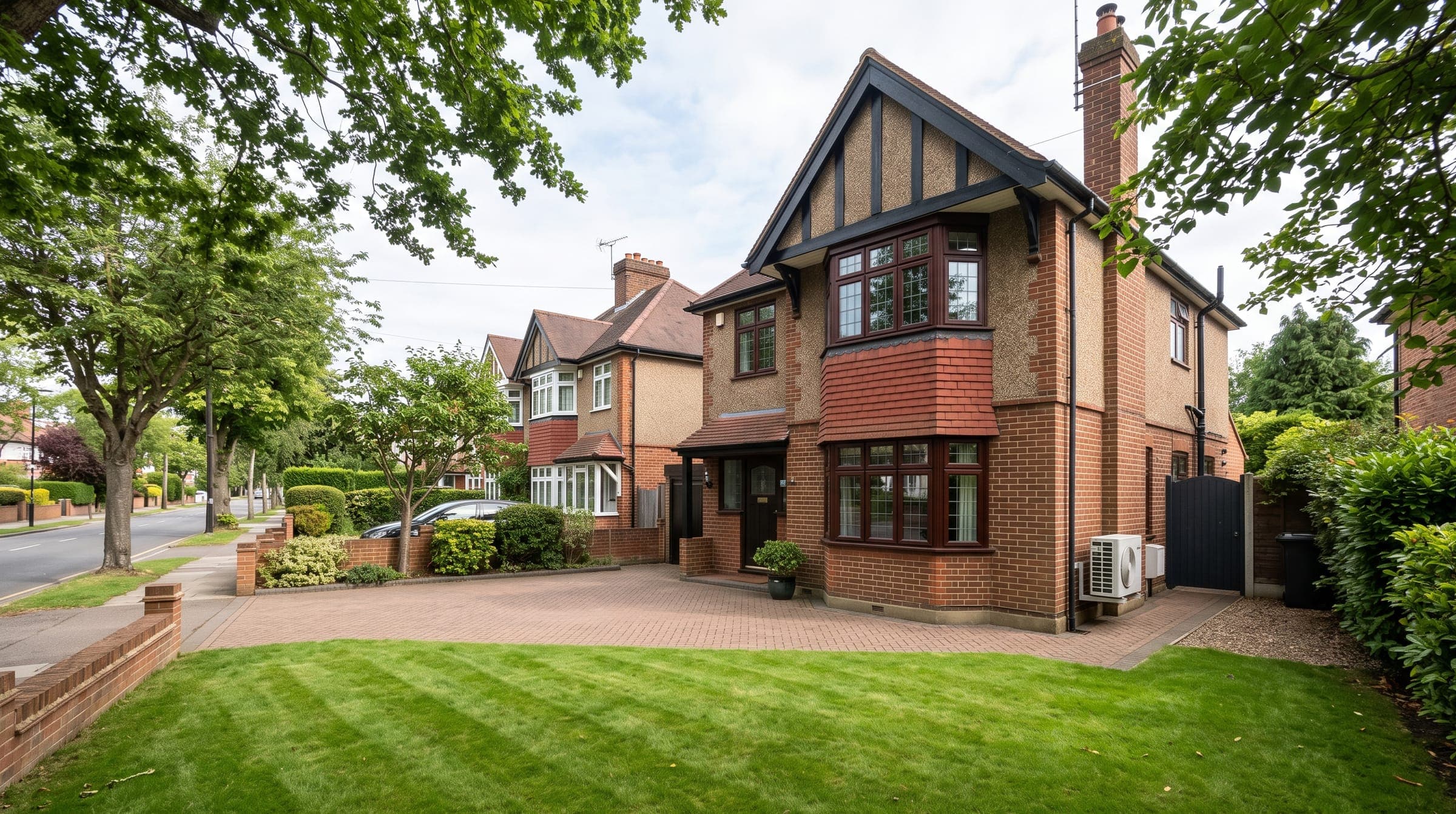 Detached and semi-detached family houses with front gardens on a leafy street in Bromley