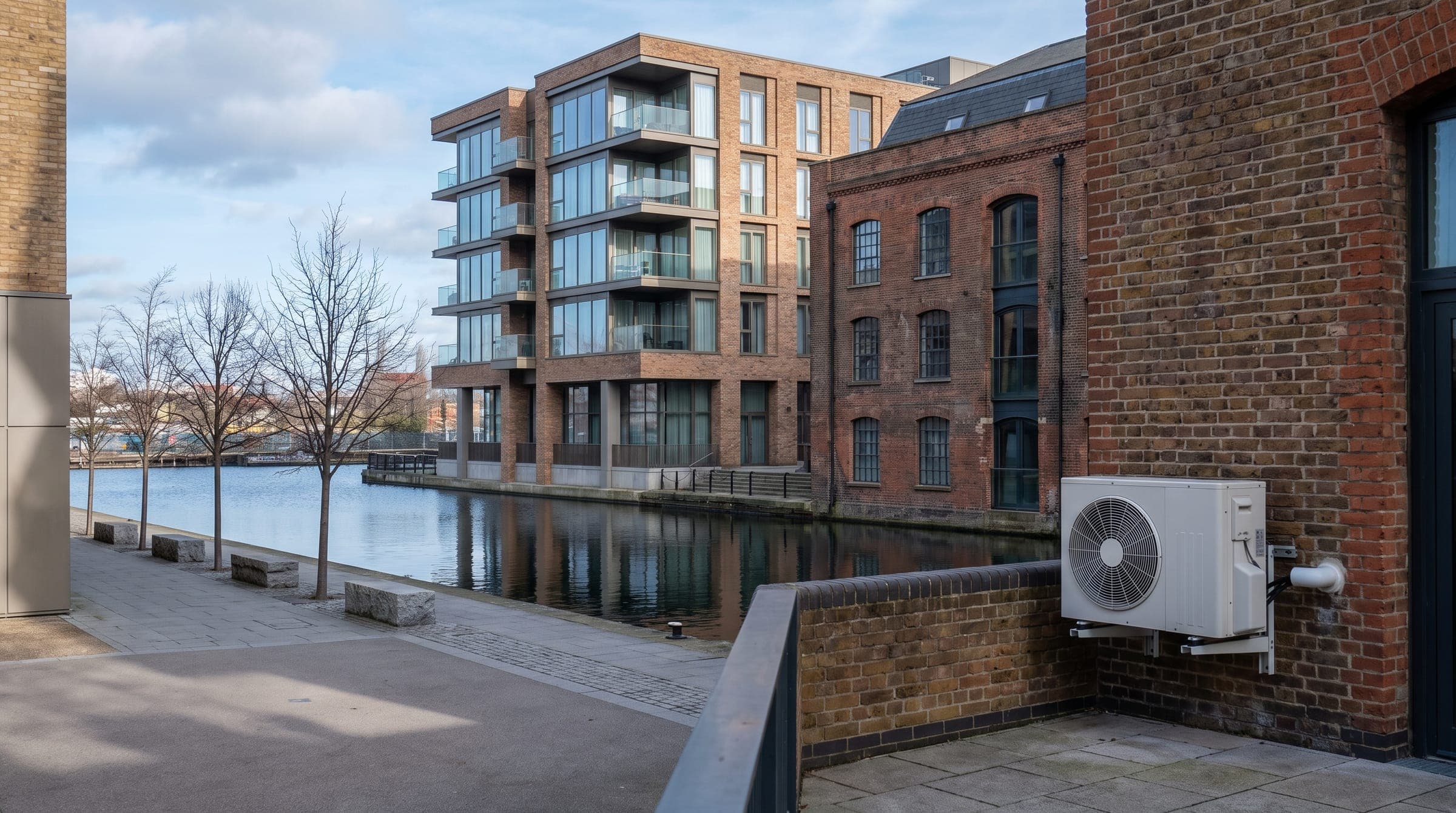 Modern brick and glass flats beside a converted Victorian warehouse with arched windows on a dock, a white outdoor unit by a ground-floor terrace