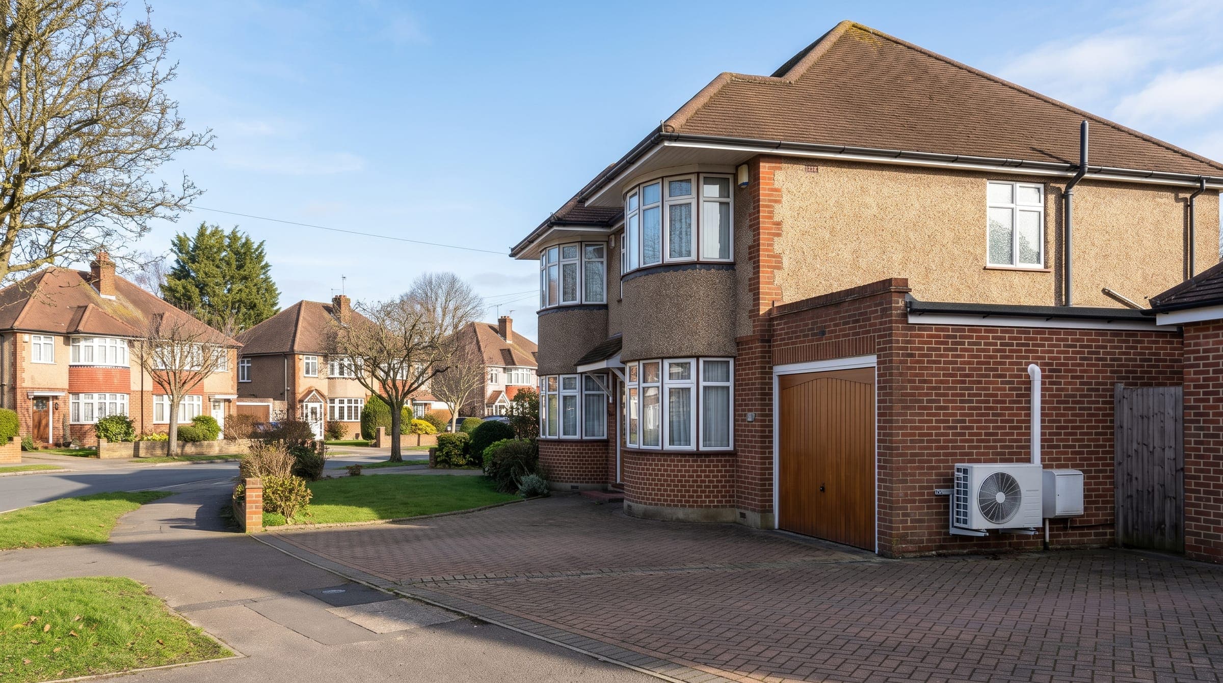 Wide suburban road of 1930s semi-detached houses with rounded bays, verges and trees, and a white outdoor unit on a side wall