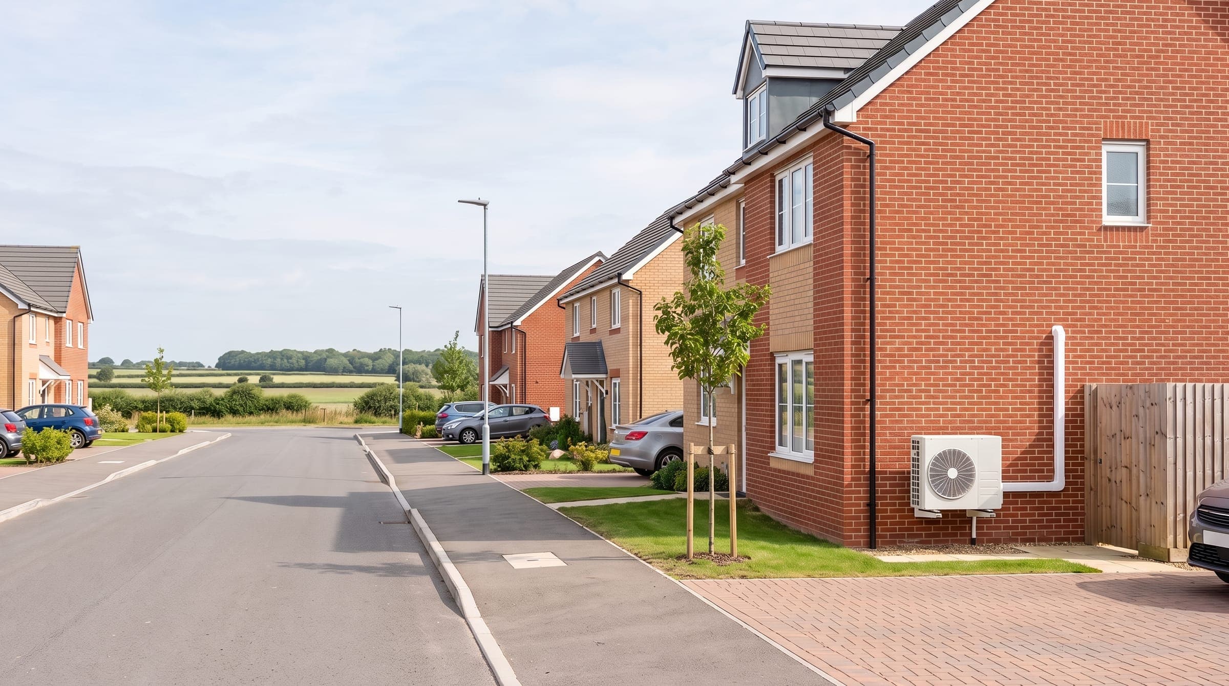 New-build red and buff brick family homes on the edge of a Bedfordshire village, with a white outdoor unit on a side wall